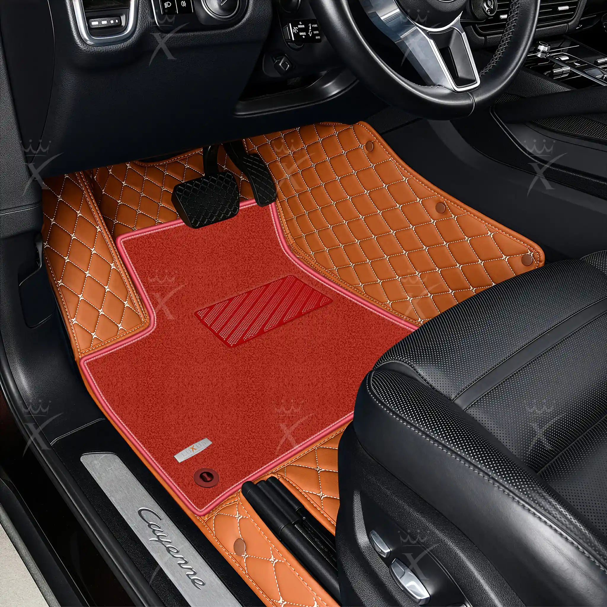 Luxus Diamond Double Layer Series Floor Mats | Caramel Brown & Red Top Carpet
