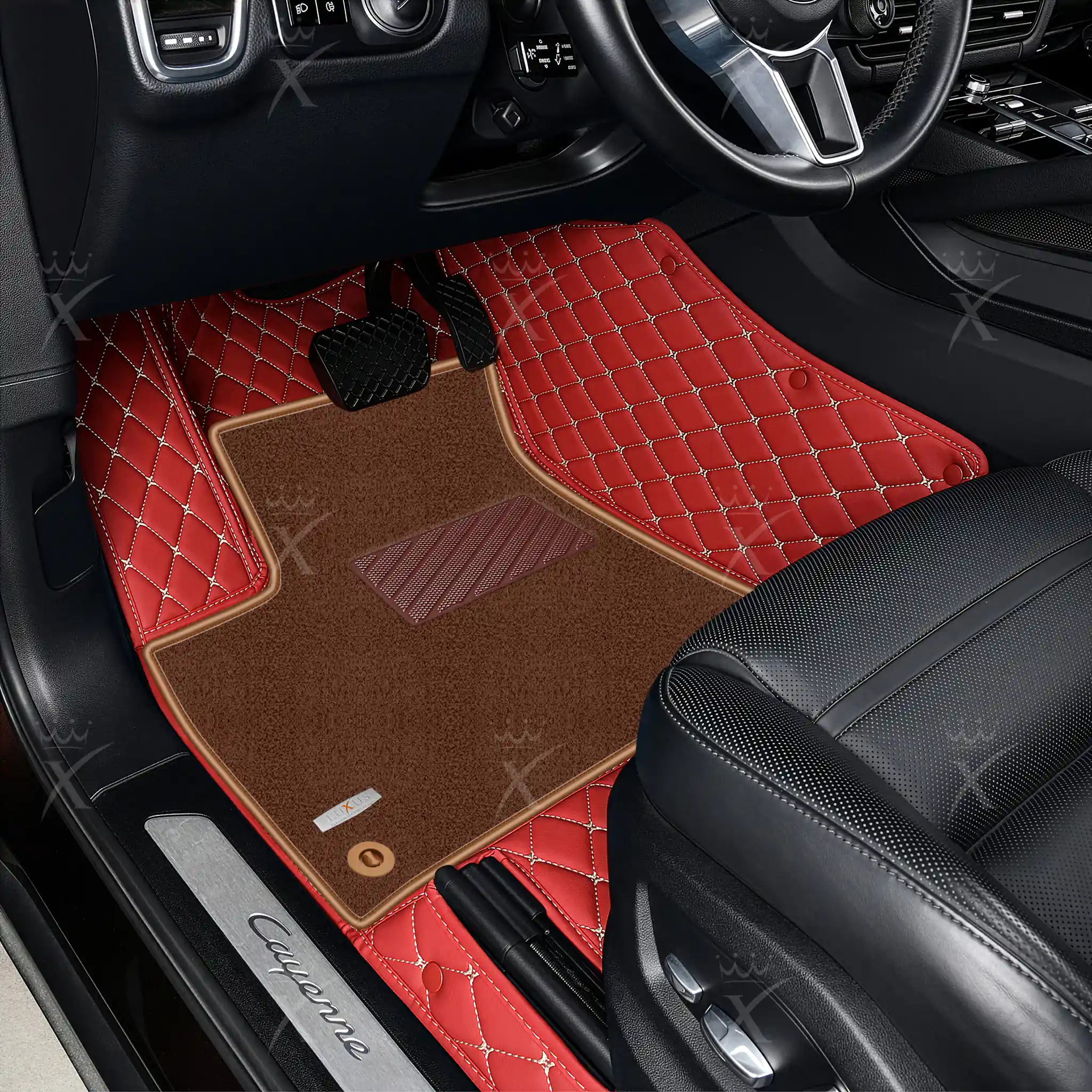 Luxus Diamond Double Layer Series Floor Mats | Cherry Red & Brown Top Carpet