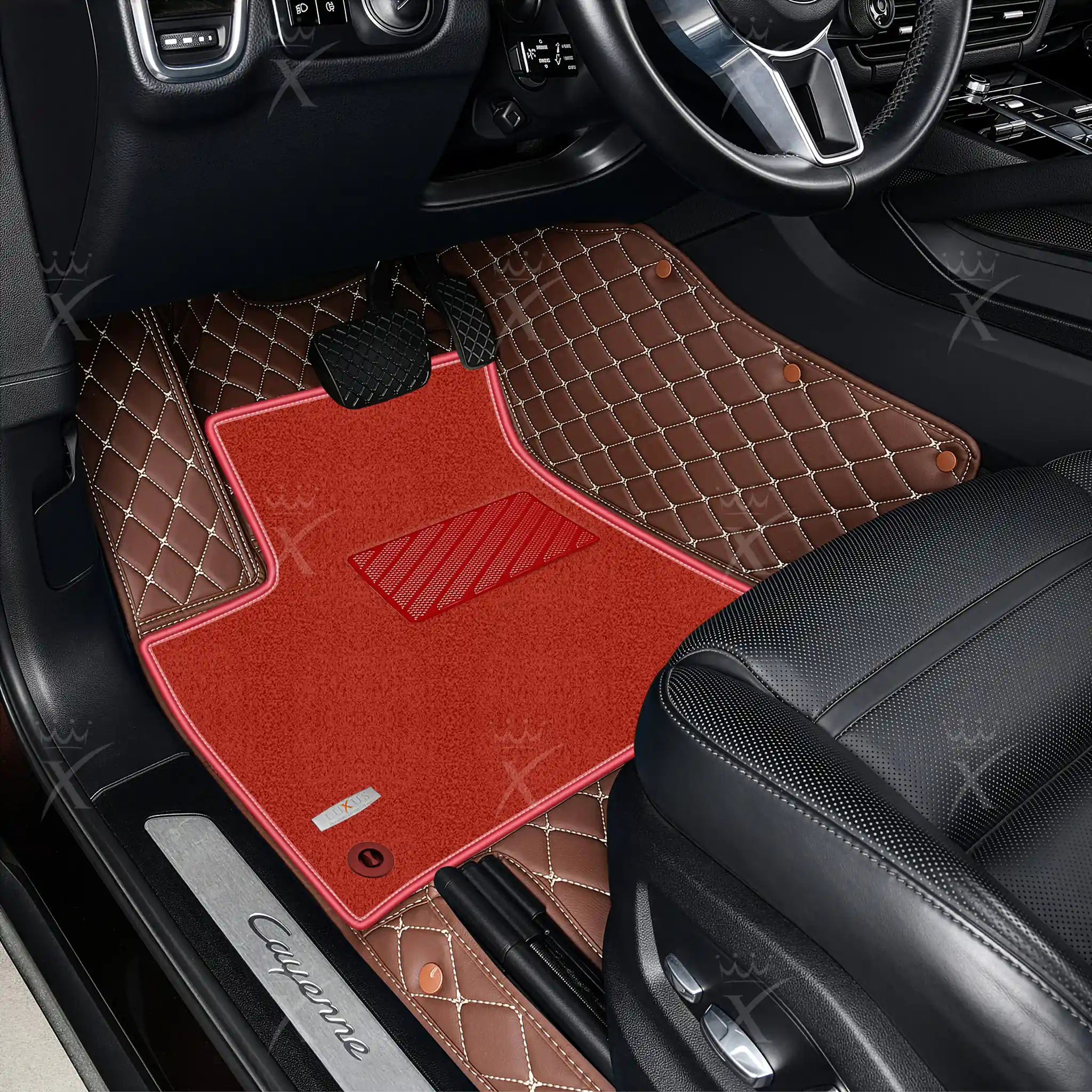 Luxus Diamond Double Layer Series Floor Mats | Chocolate Brown & Red Top Carpet