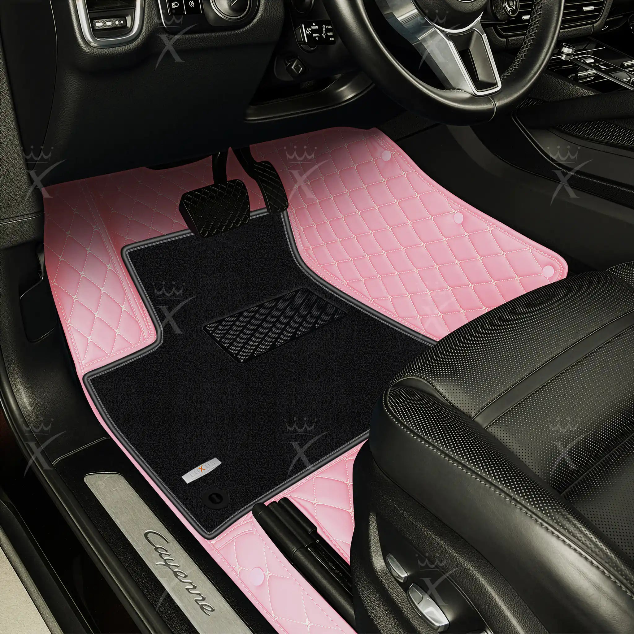 Flamingo Pink Diamond & Black Carpet | Double Layer Luxury Car Mats Set