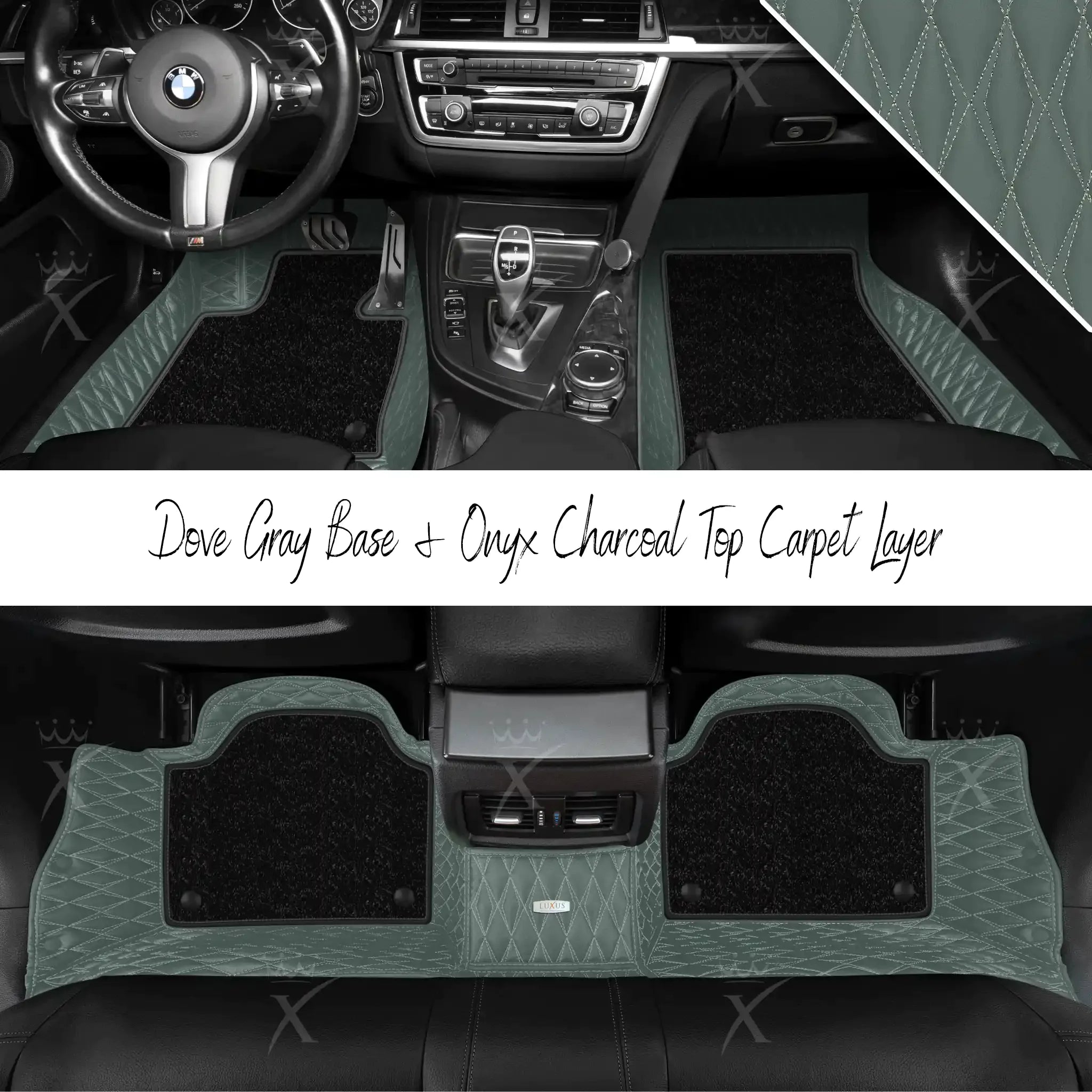 Dove Gray Twin Diamond & Onyx Charcoal Carpet | Double Layer Luxury Car Mats Set