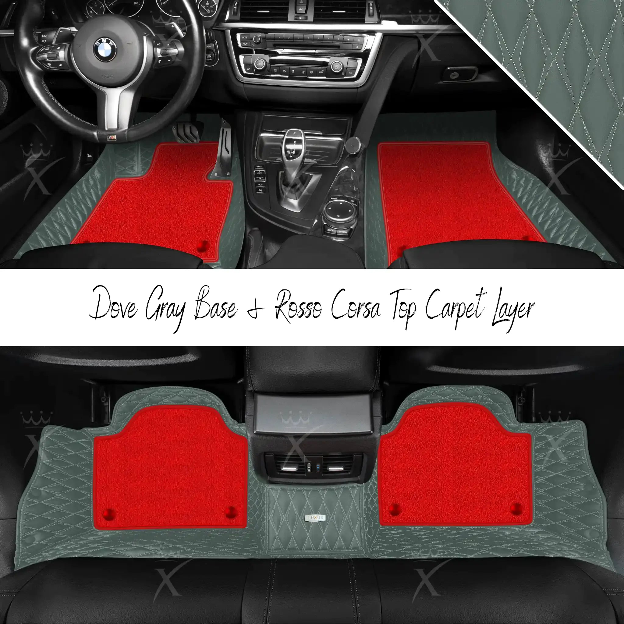 Dove Gray Twin Diamond & Rosso Corsa Carpet | Double Layer Luxury Car Mats Set