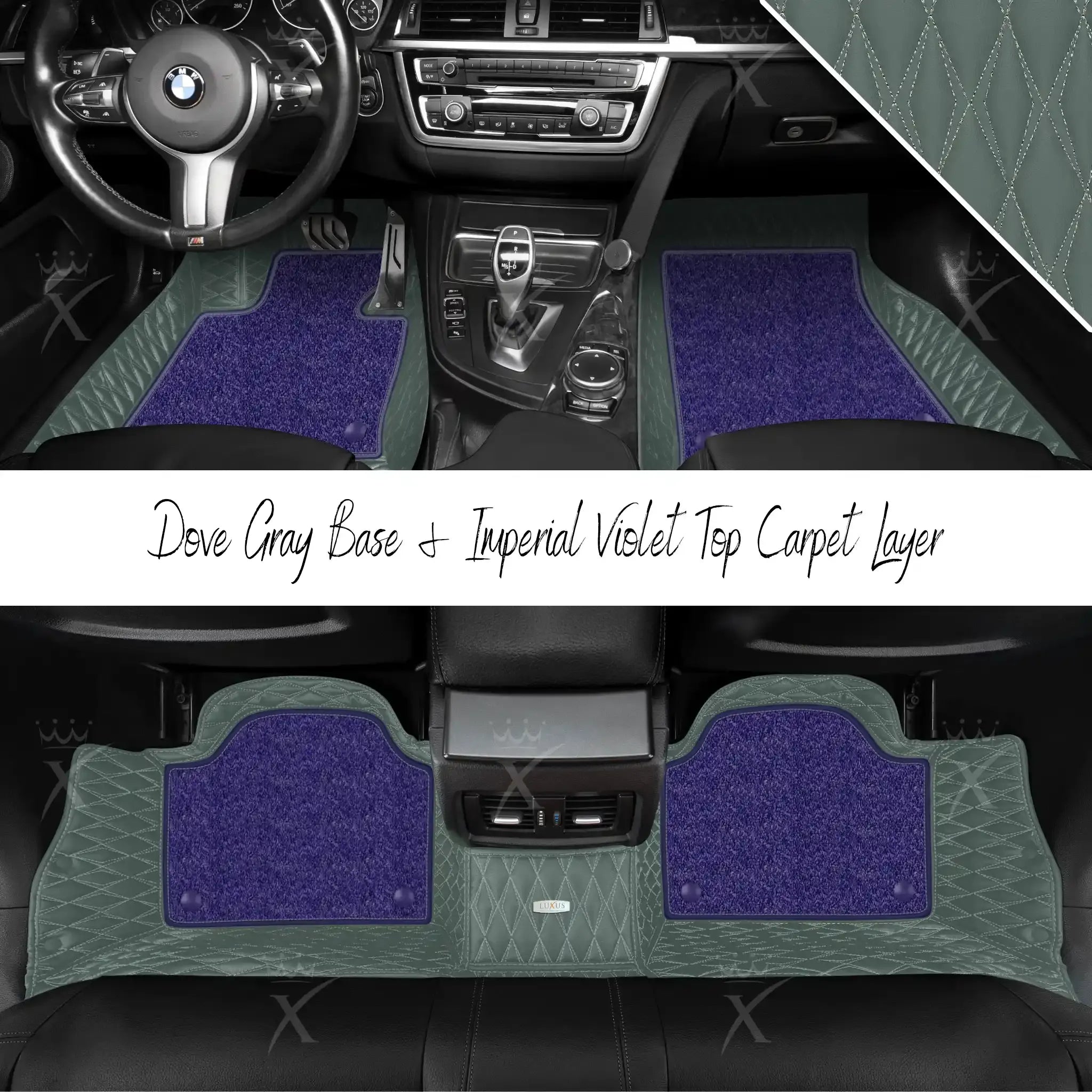 Dove Gray Twin Diamond & Imperial Violet Carpet | Double Layer Luxury Car Mats Set