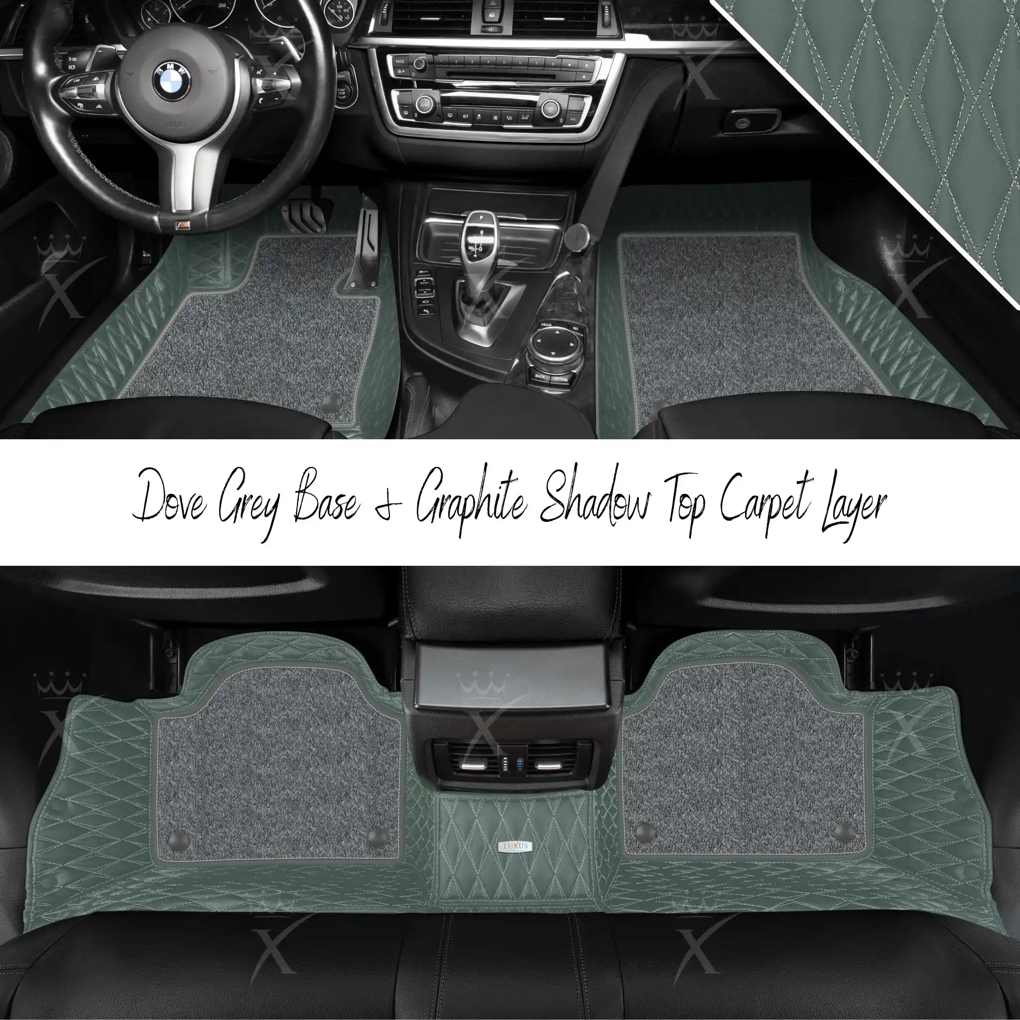 Dove Grey Twin Diamond & Graphite Shadow Carpet | Double Layer Luxury Car Mats Set