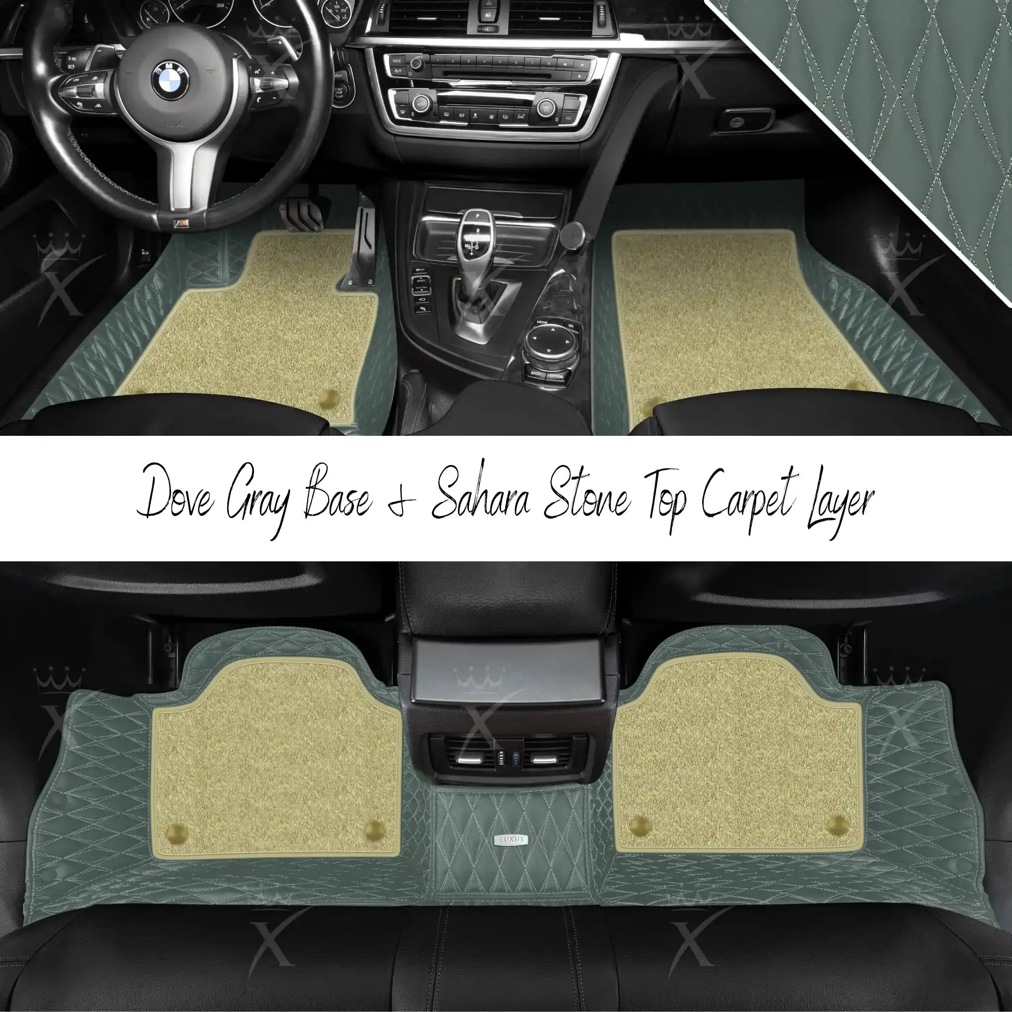 Dove Gray Twin Diamond & Sahara Stone Carpet | Double Layer Luxury Car Mats Set