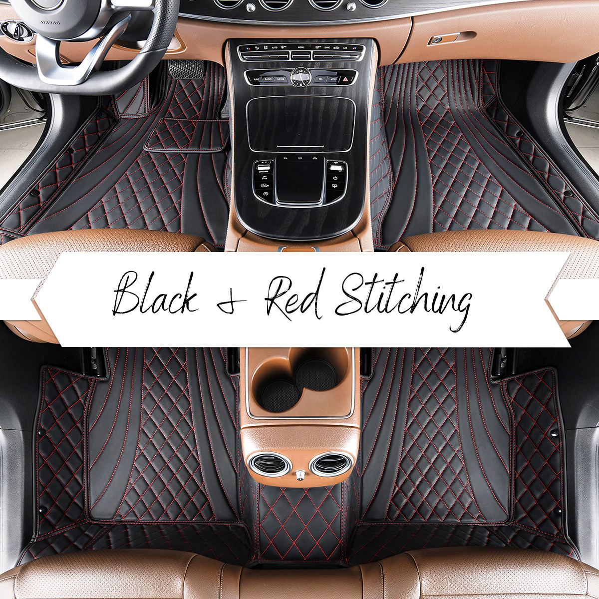 Luxus Car Mats™ - Set di tappetini per auto di lusso con cuciture nere e nere