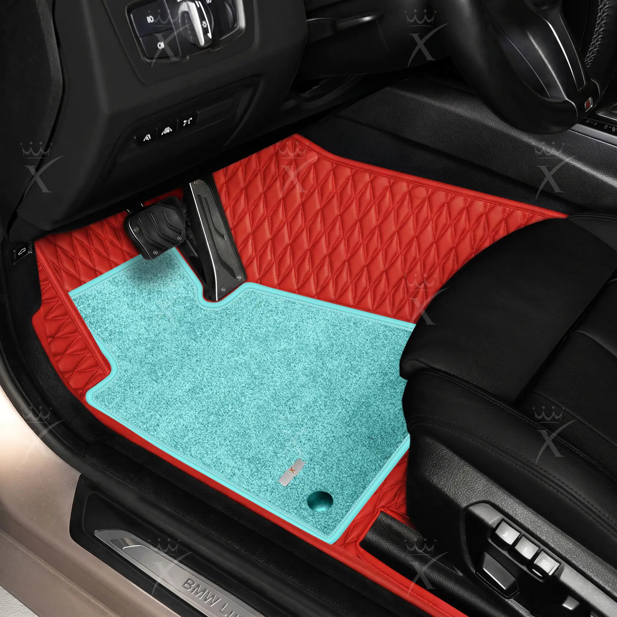 Luxus Twin-Diamond Double Layer Series Floor Mats | Ferrari Red & Aqua Frost Top Carpet