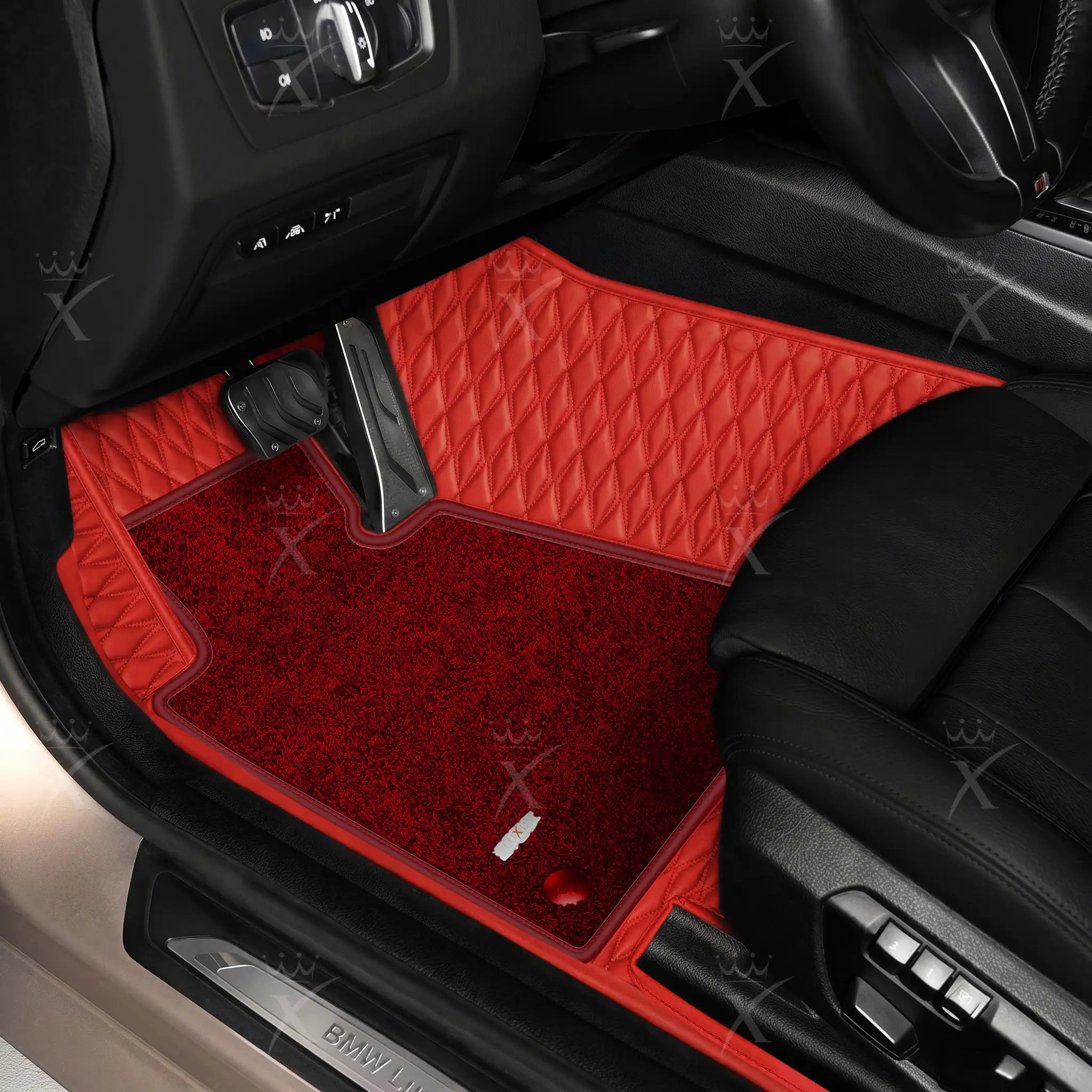 Luxus Twin-Diamond Double Layer Series Floor Mats | Ferrari Red & Bordeaux Wine Top Carpet