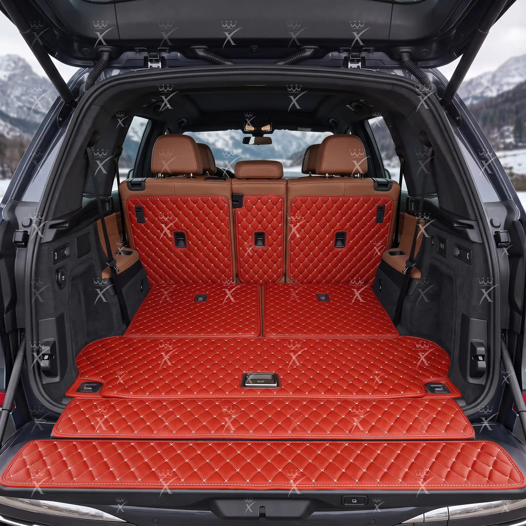 Luxus Car Mats™ - Tapete para maletero/maletero de cuero de lujo con costuras negras y negras en 3D