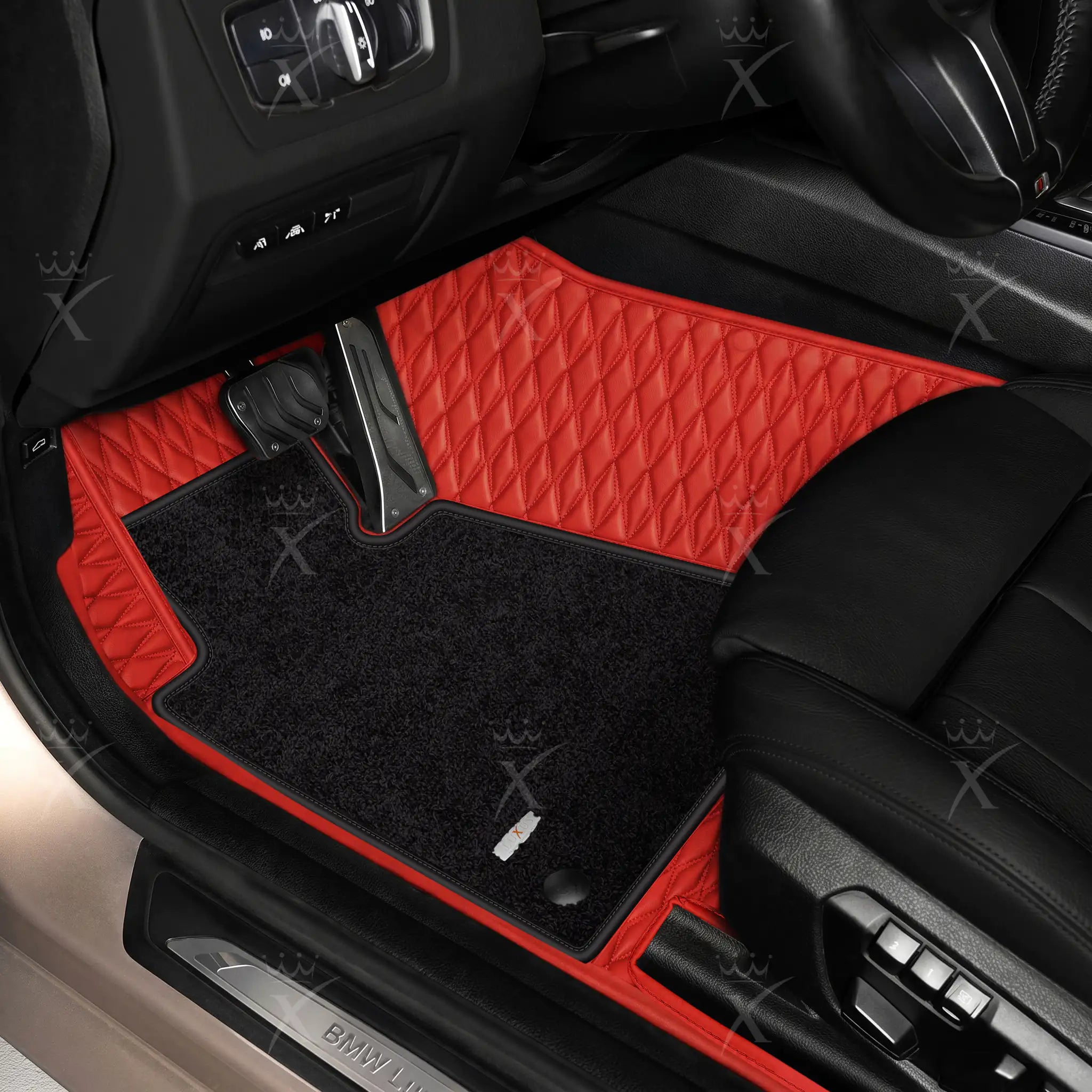 Luxus Twin-Diamond Double Layer Series Floor Mats | Ferrari Red & Onyx Charcoal Top Carpet