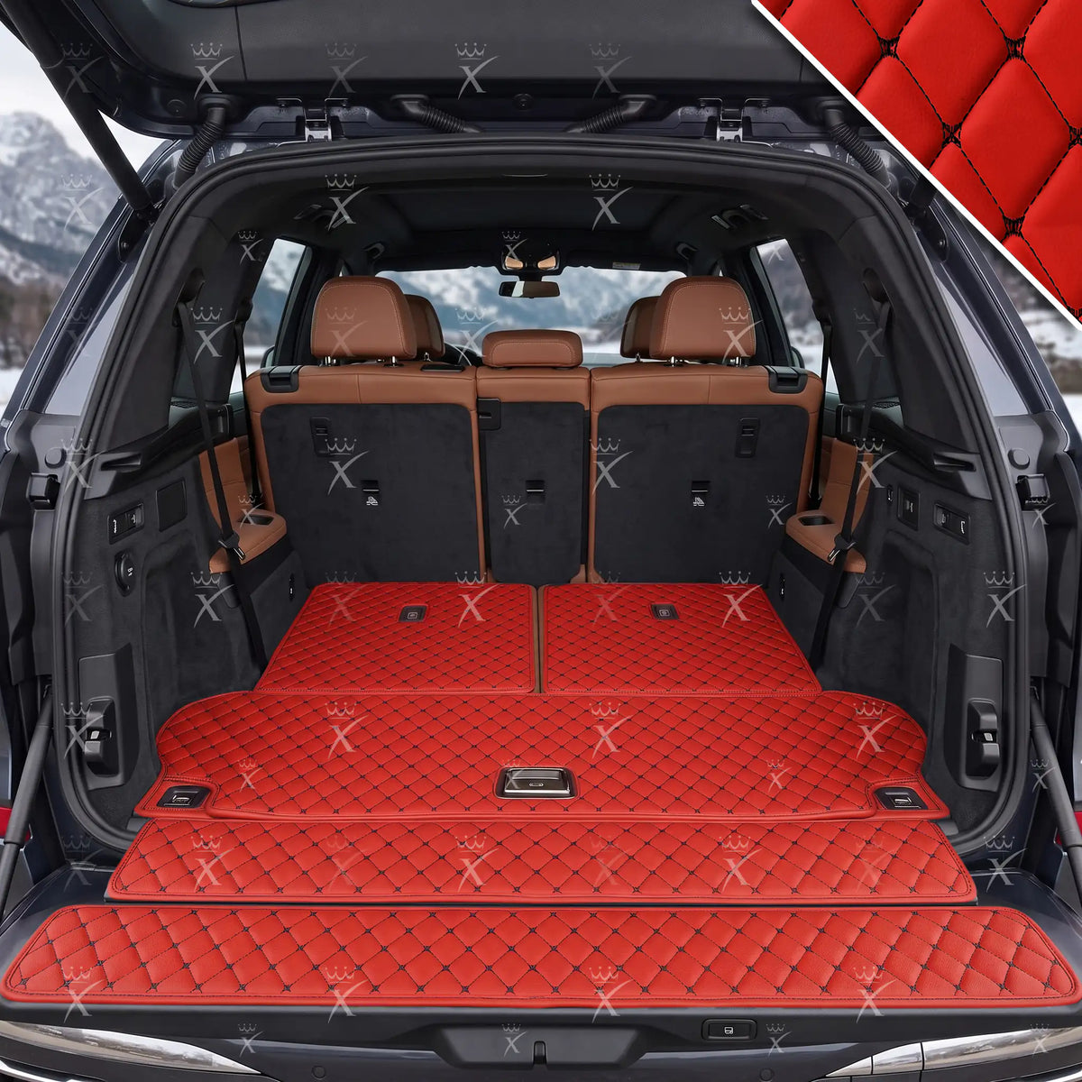 Luxus Diamond BaseFit Series Trunk Mat | Ferrari Red & Black Stitching