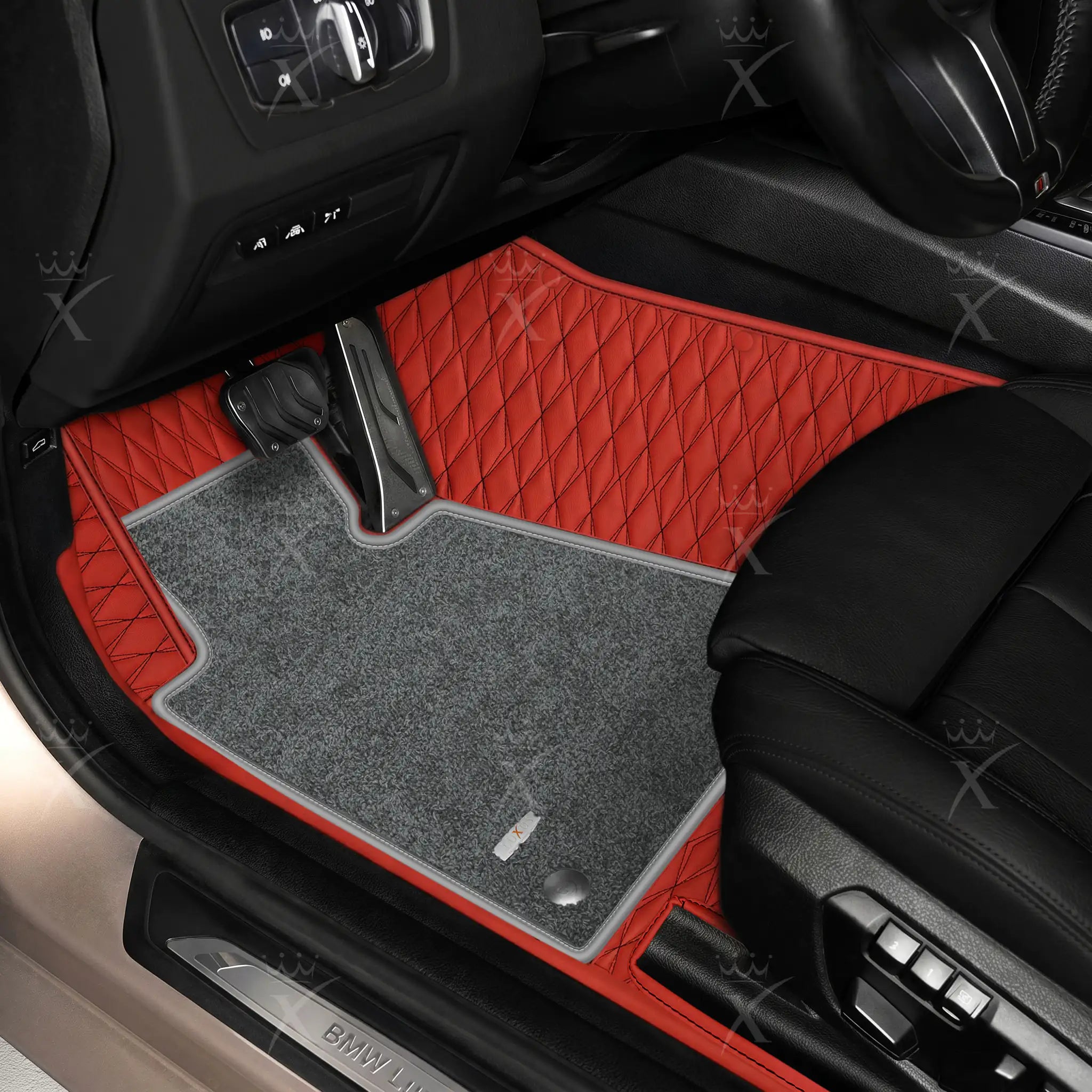 Luxus Twin-Diamond Double Layer Series Floor Mats | Ferrari Red & Black Stitching & Graphite Shadow Top Carpet