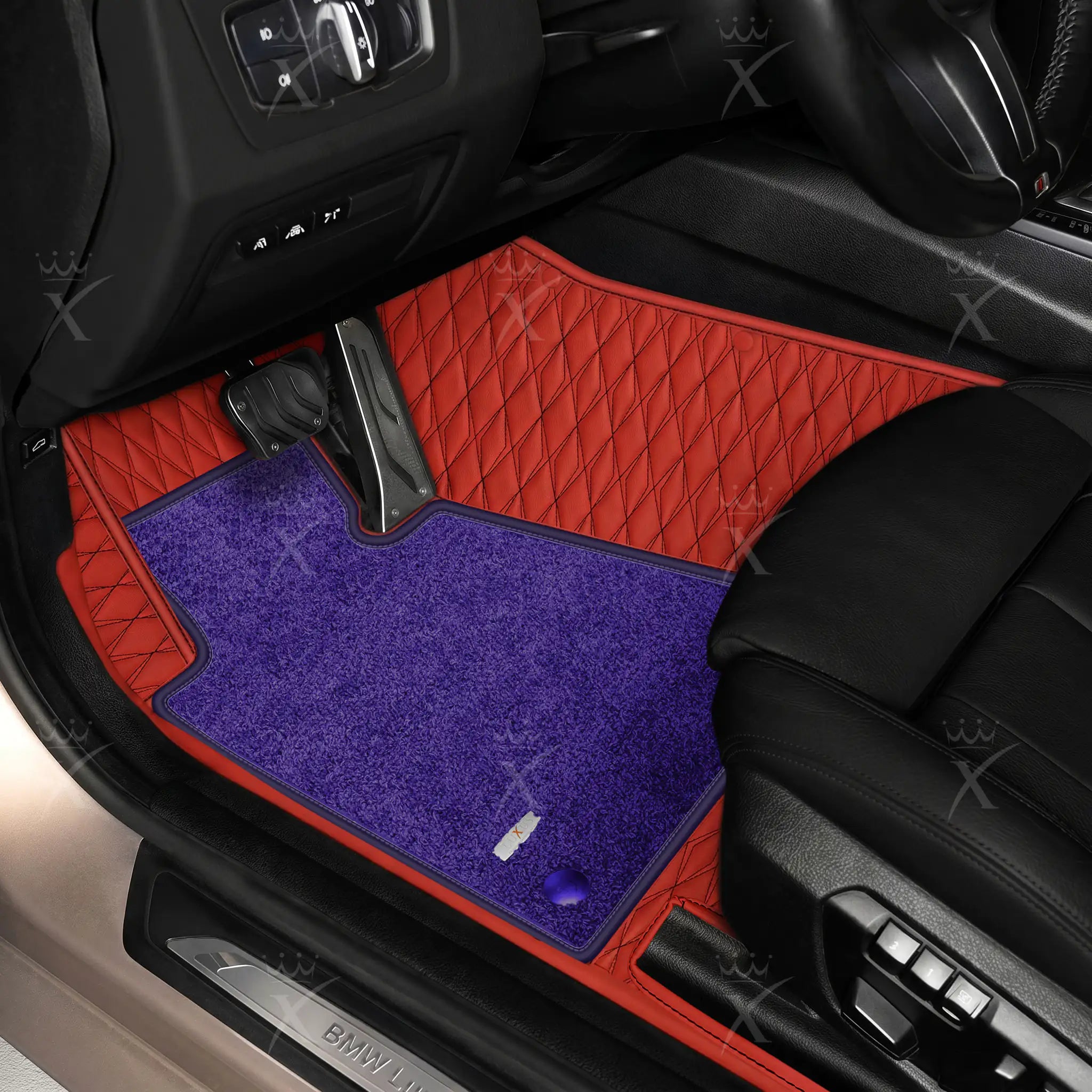 Luxus Twin-Diamond Double Layer Series Floor Mats | Ferrari Red & Black Stitching & Imperial Violet Top Carpet