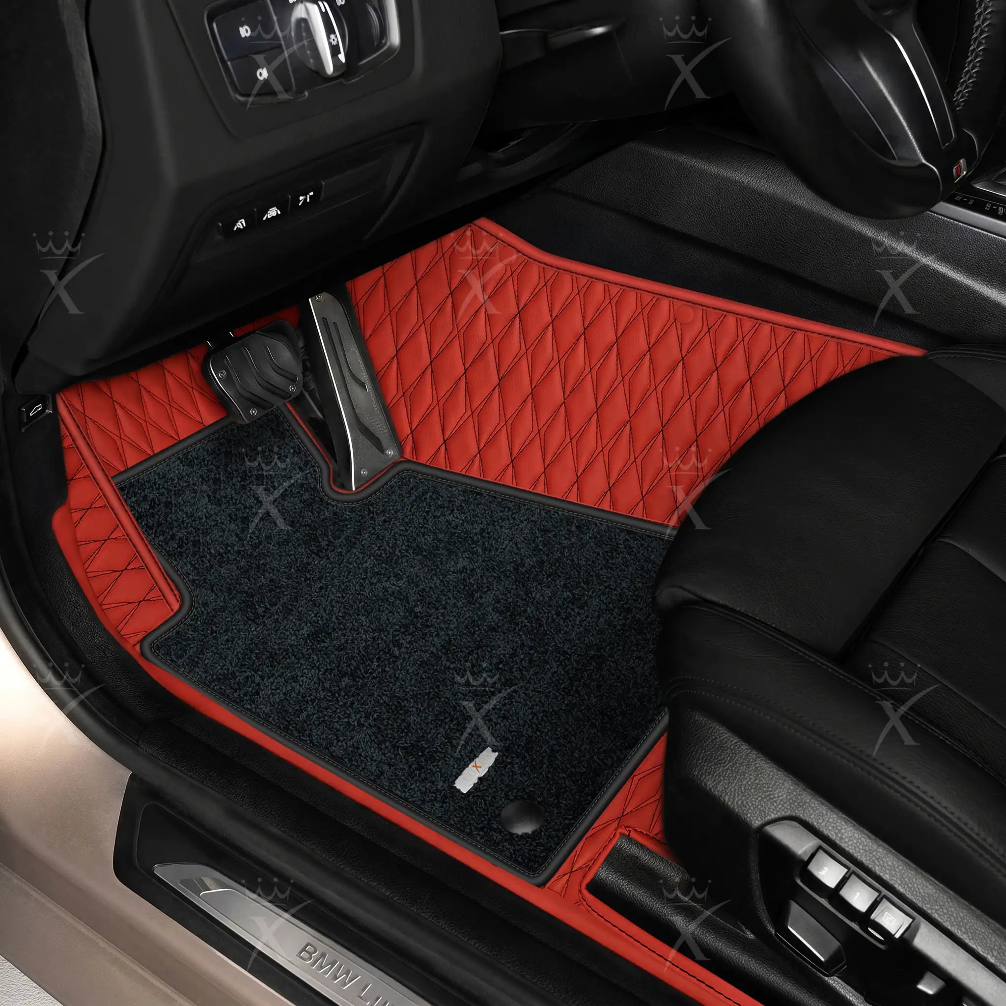 Luxus Twin-Diamond Double Layer Series Floor Mats | Ferrari Red & Black Stitching & Obsidian Black Top Carpet