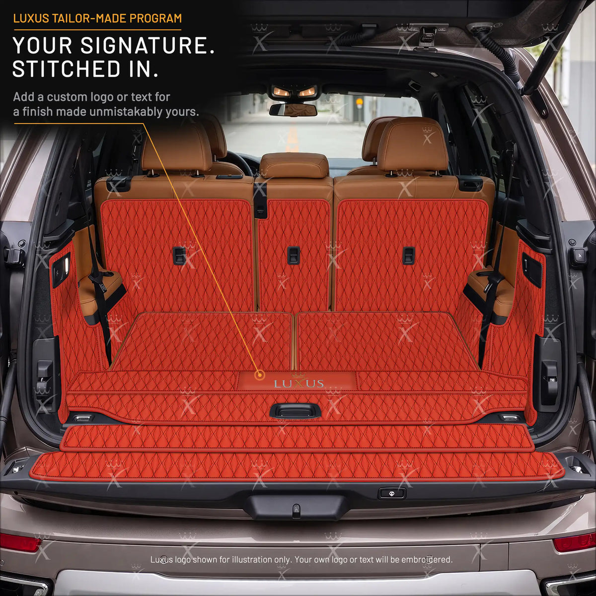 Luxus Car Mats™ - Tapete para maletero/maletero de cuero de lujo con costuras negras y negras en 3D