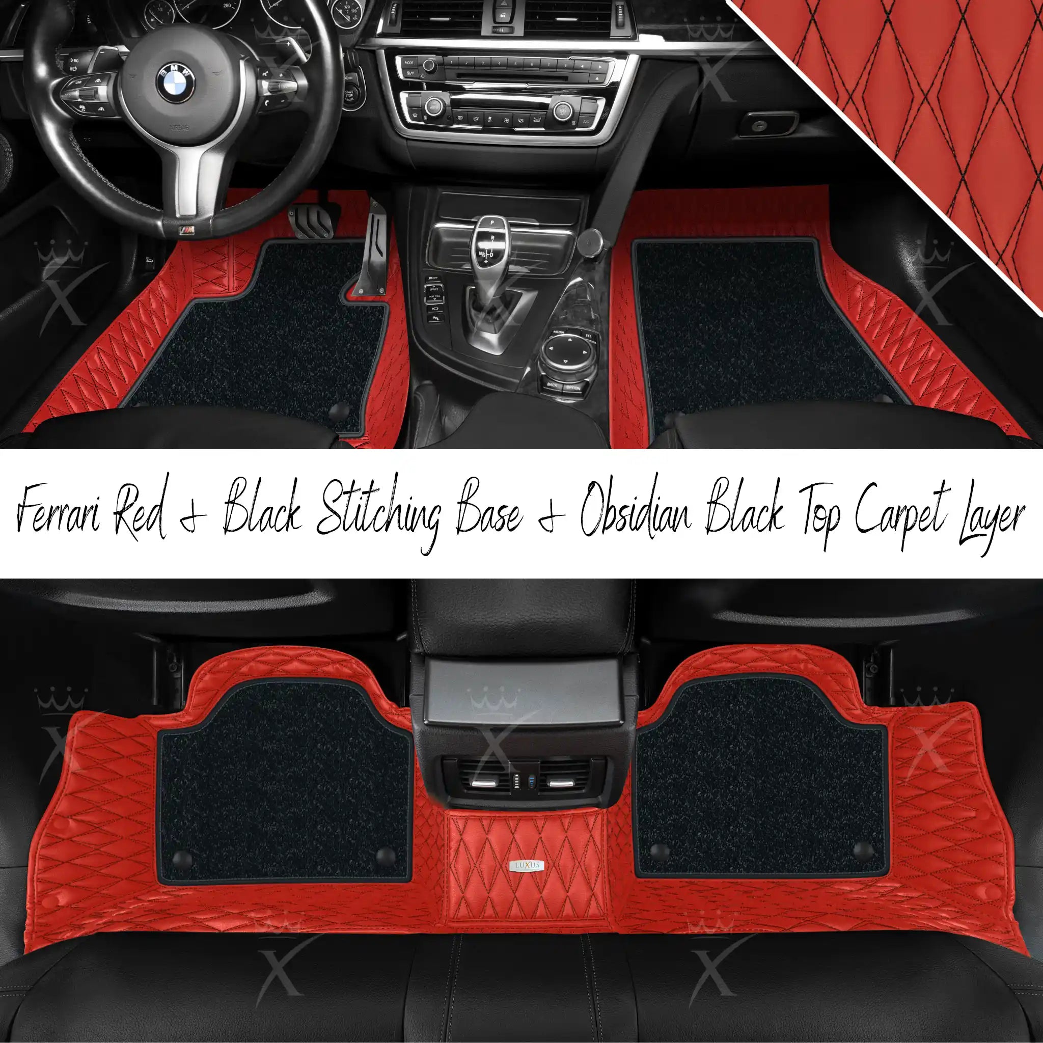 Ferrari Red & Black Stitching Twin Diamond & Obsidian Black Carpet | Double Layer Luxury Car Mats Set