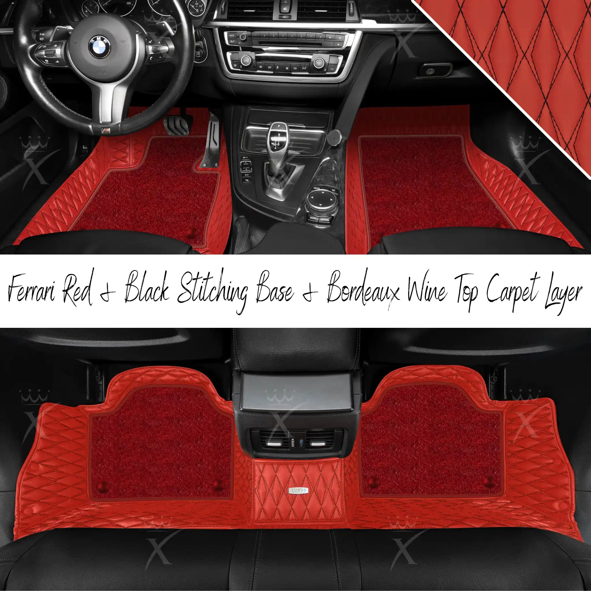 Ferrari Red & Black Stitching Twin Diamond & Bordeaux Wine Carpet | Double Layer Luxury Car Mats Set