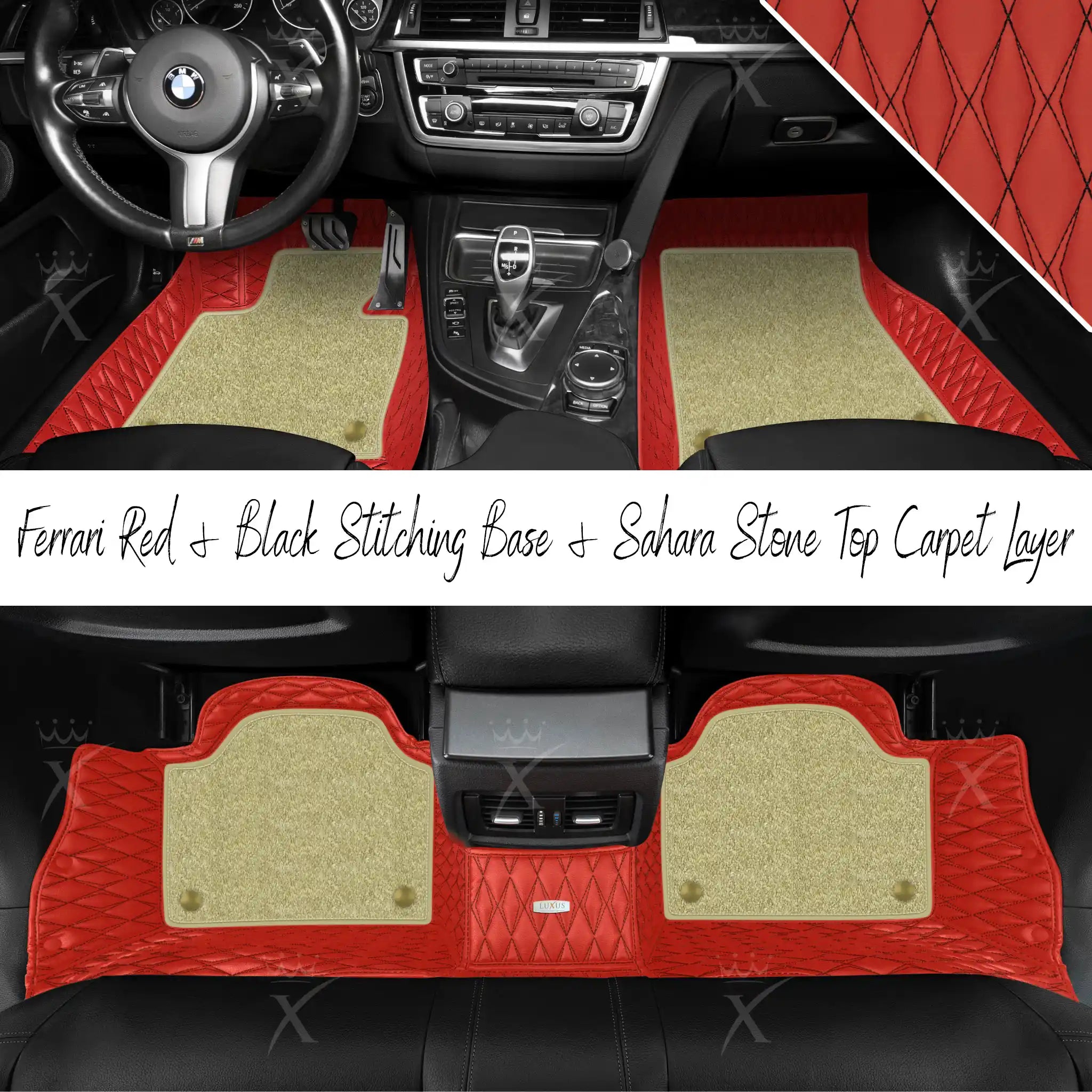 Ferrari Red & Black Stitching Twin Diamond & Sahara Stone Carpet | Double Layer Luxury Car Mats Set
