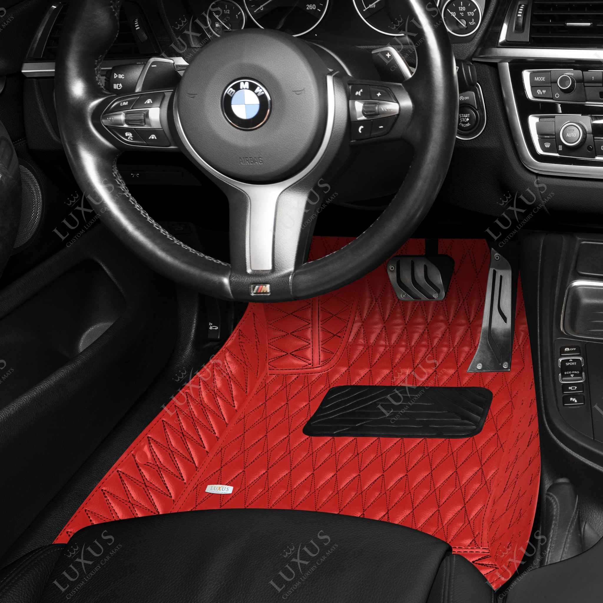 Luxus Premium Twin-Diamond Custom Luxury Car Mats Set | Ferrari Red Black Stitching