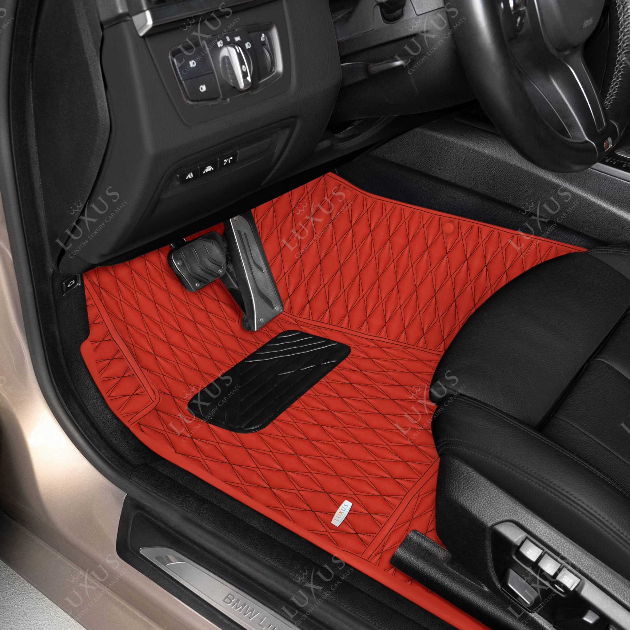 Luxus Premium Twin-Diamond Custom Luxury Car Mats Set | Ferrari Red Black Stitching