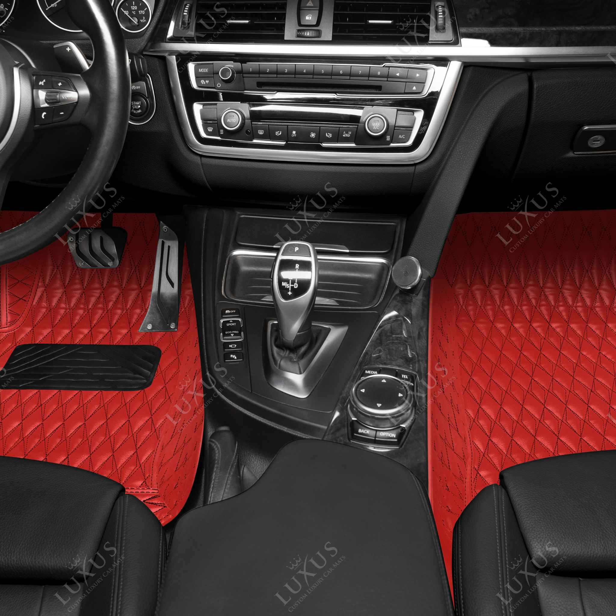 Luxus Premium Twin-Diamond Custom Luxury Car Mats Set | Ferrari Red Black Stitching