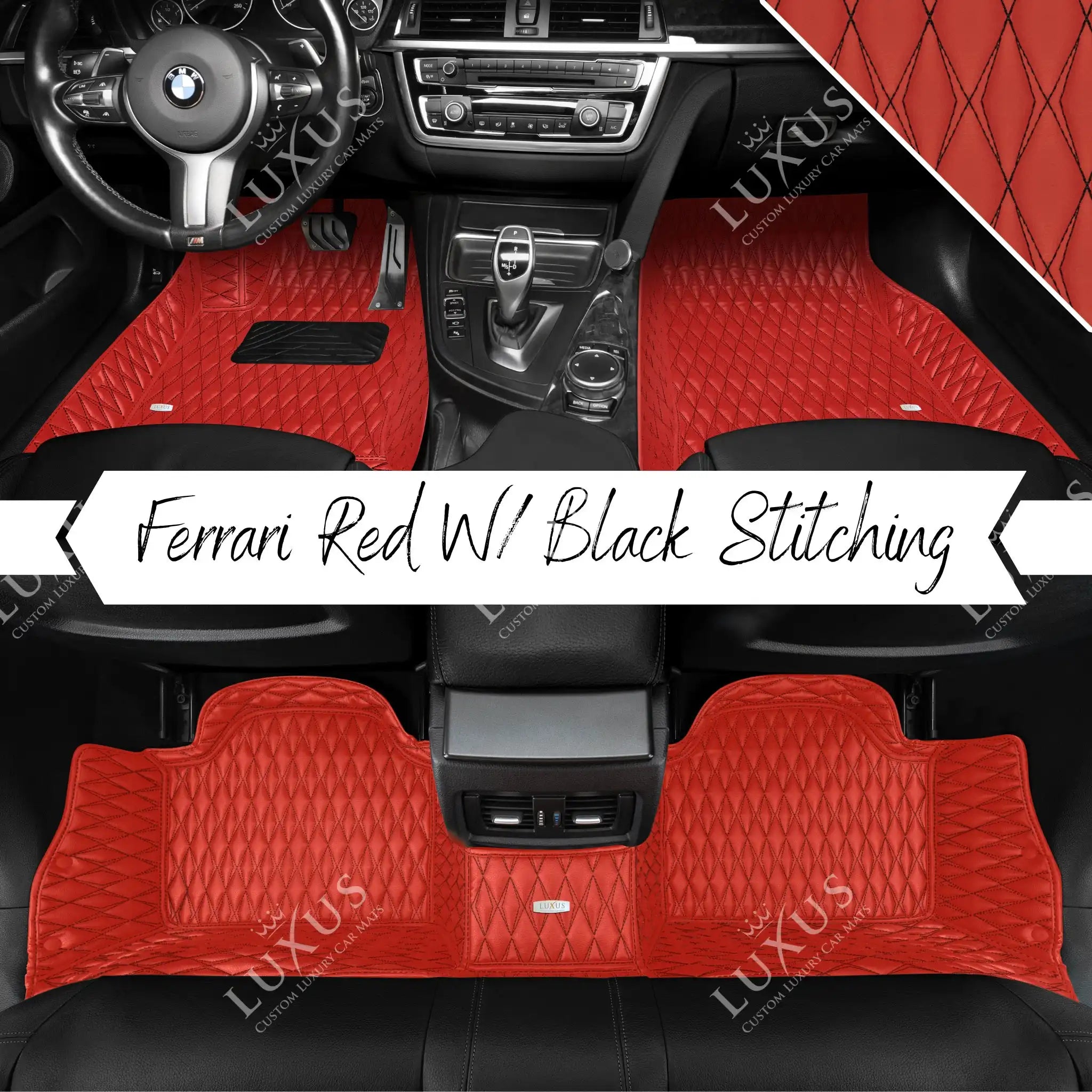 Luxus Premium Twin-Diamond Custom Luxury Car Mats Set | Ferrari Red Black Stitching