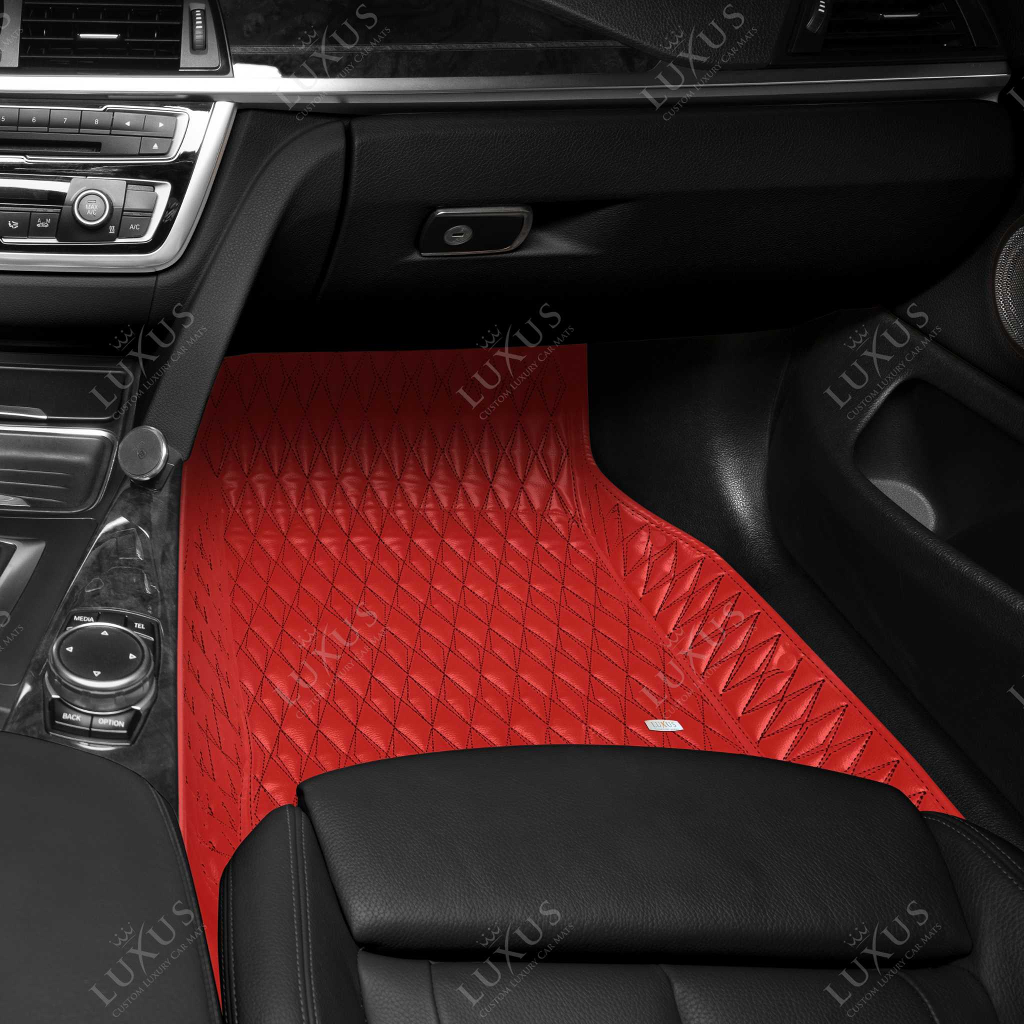 Luxus Premium Twin-Diamond Custom Luxury Car Mats Set | Ferrari Red Black Stitching