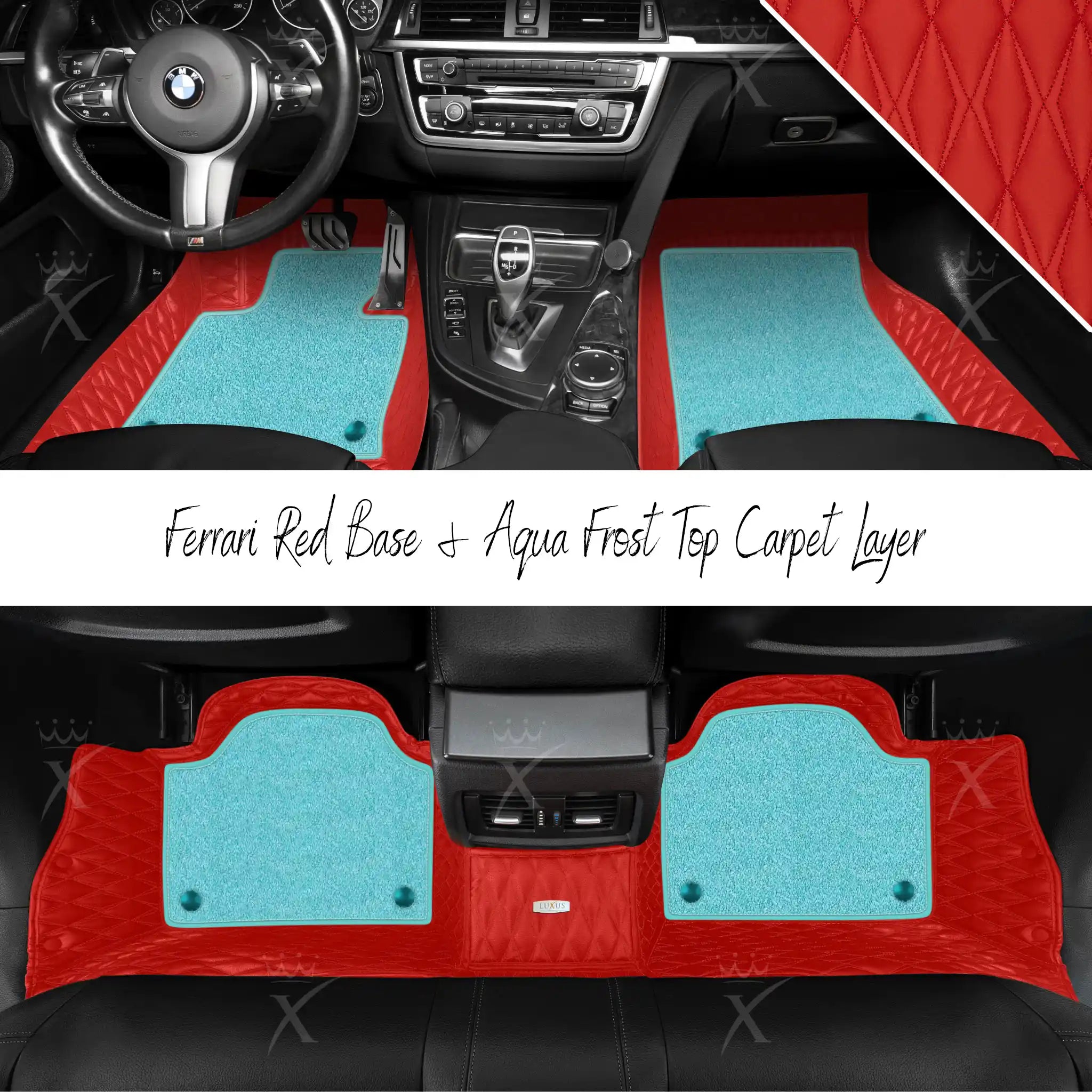 Ferrari Red Twin Diamond & Aqua Frost Carpet | Double Layer Luxury Car Mats Set