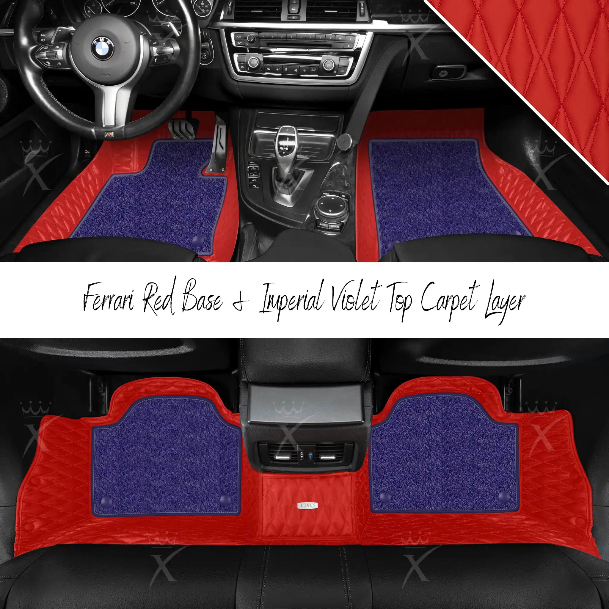 Ferrari Red Twin Diamond & Imperial Violet Carpet | Double Layer Luxury Car Mats Set