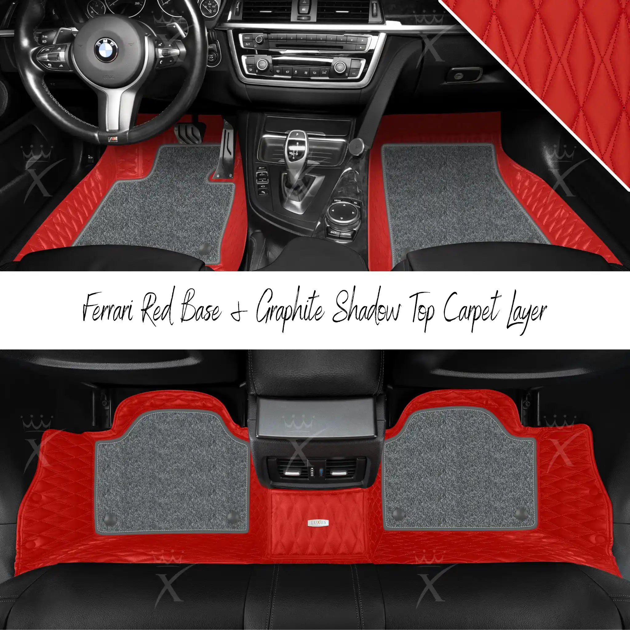 Ferrari Red Twin Diamond & Graphite Shadow Carpet | Double Layer Luxury Car Mats Set