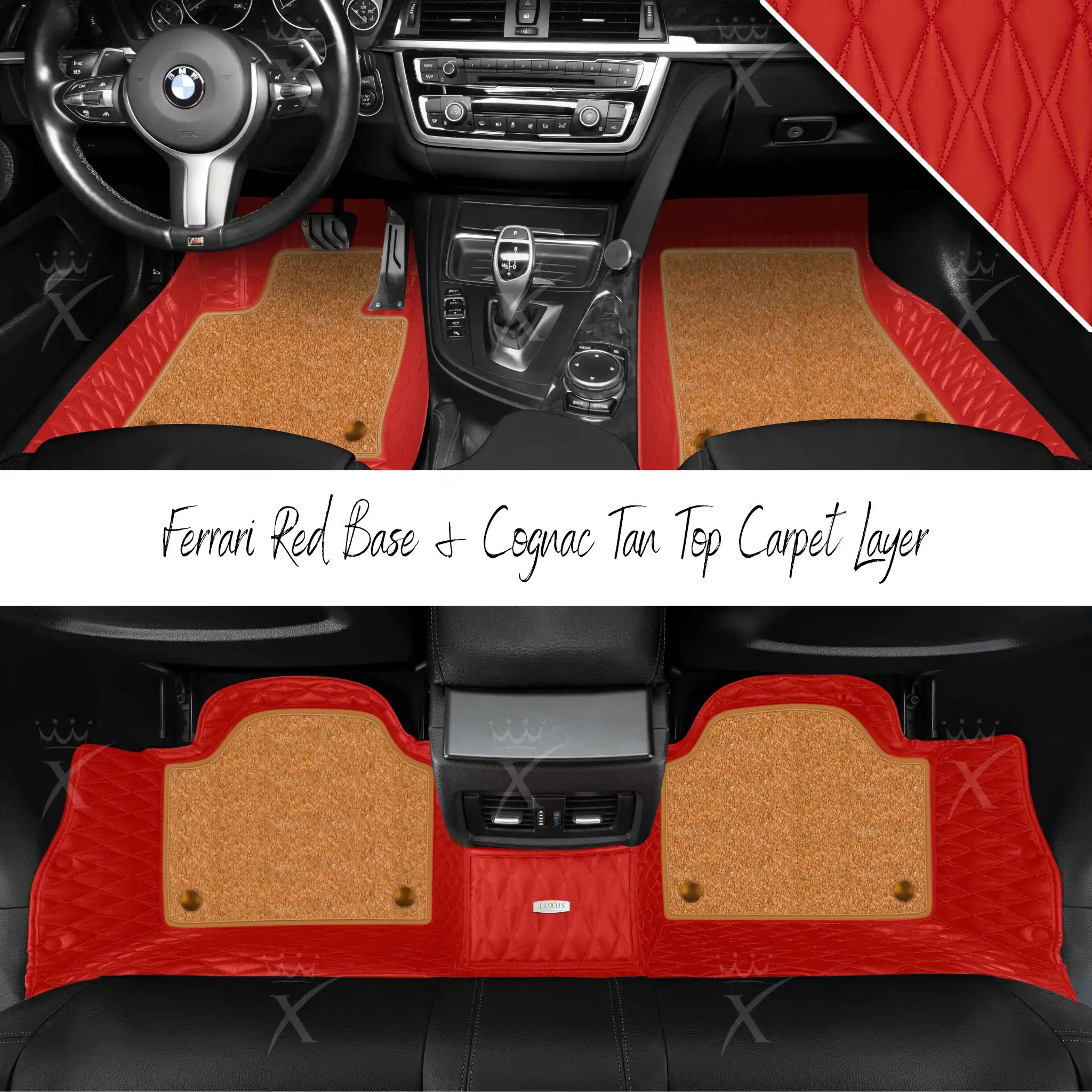 Ferrari Red Twin Diamond & Cognac Tan Carpet | Double Layer Luxury Car Mats Set