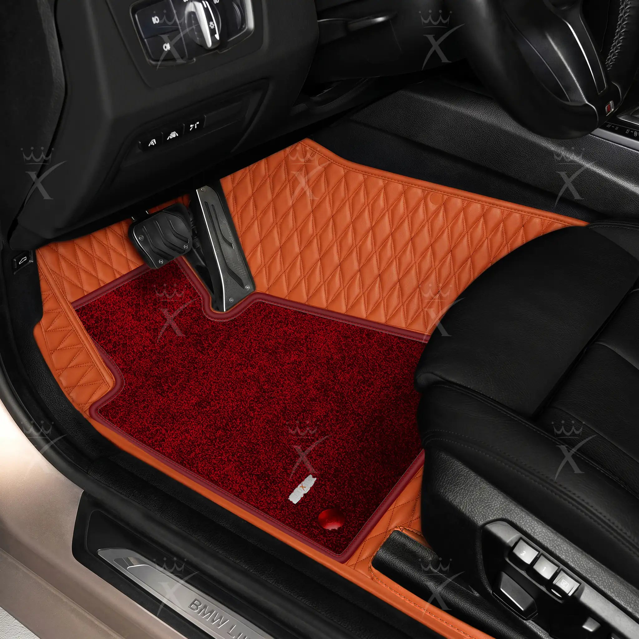 Luxus Twin-Diamond Double Layer Series Floor Mats | Fiery Orange & Bordeaux Wine Top Carpet