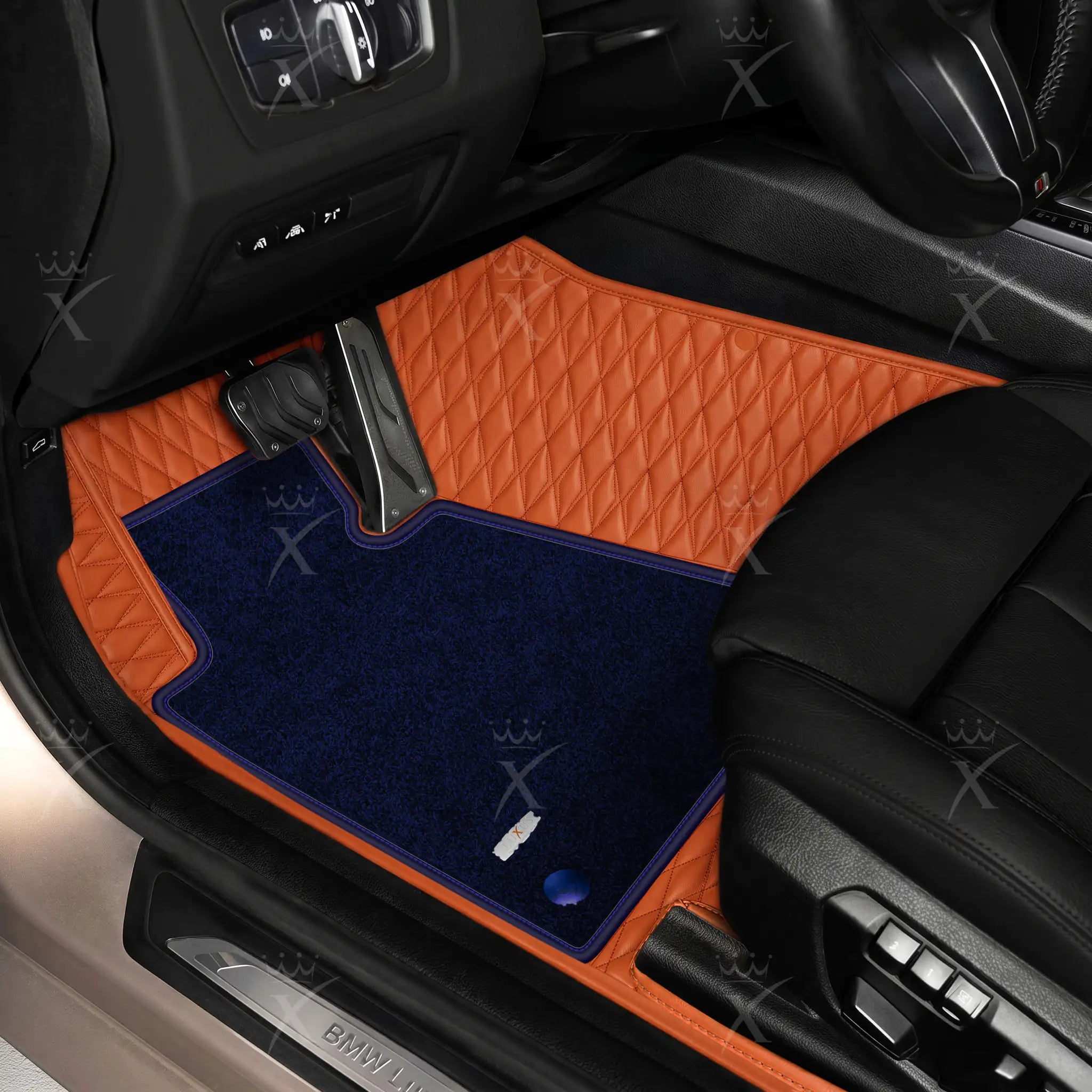Luxus Twin-Diamond Double Layer Series Floor Mats | Fiery Orange & Midnight Navy Top Carpet