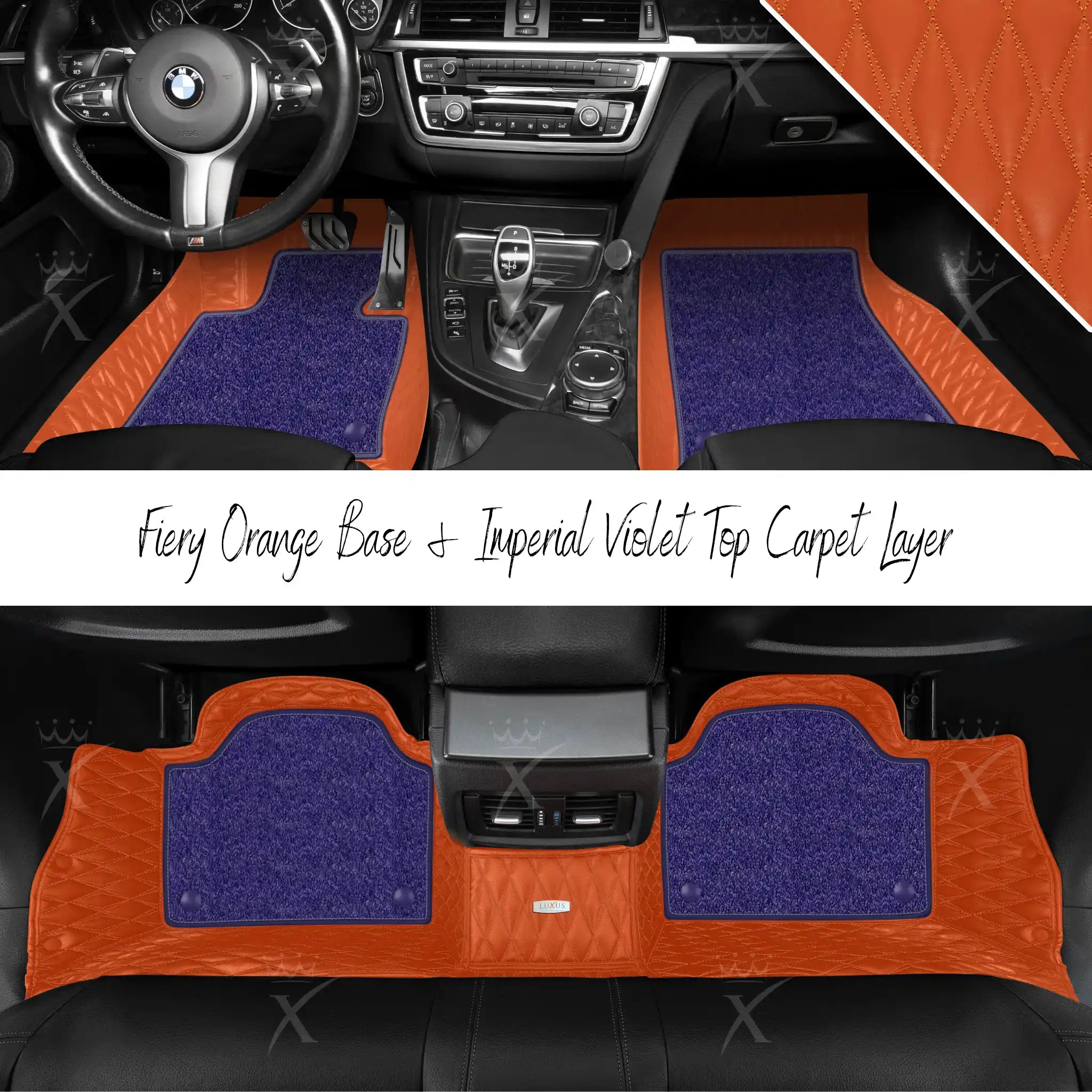 Fiery Orange Twin Diamond & Imperial Violet Carpet | Double Layer Luxury Car Mats Set