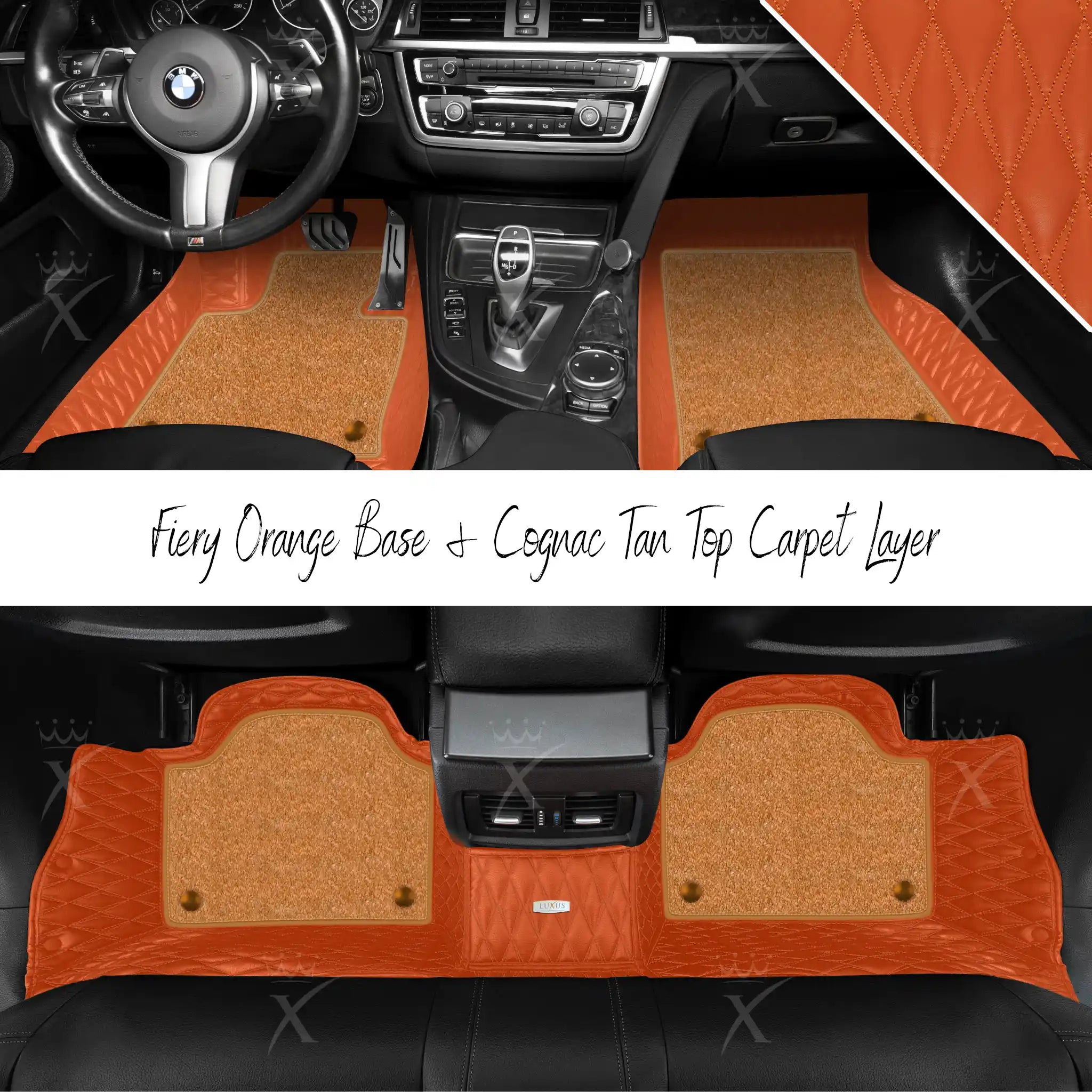 Fiery Orange Twin Diamond & Cognac Tan Carpet | Double Layer Luxury Car Mats Set