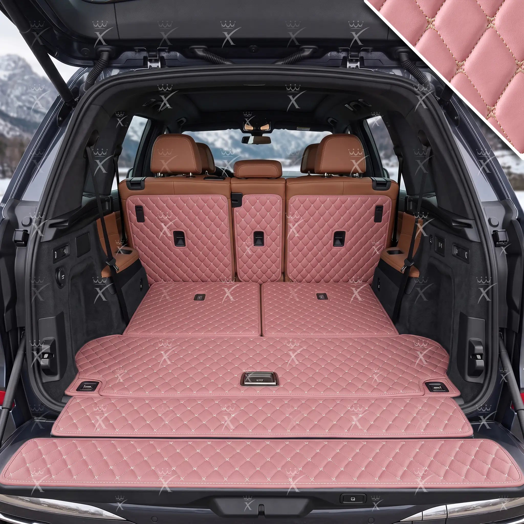 Luxus Car Mats™ - Tapete para maletero/maletero de cuero de lujo con costuras negras y negras en 3D