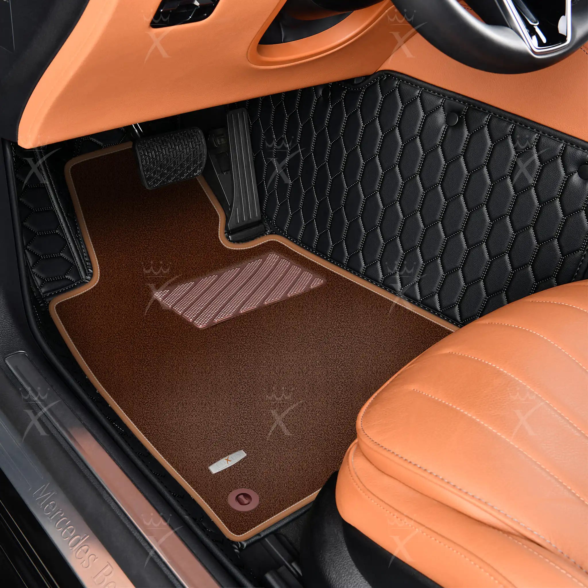 Luxus Honeycomb Double Layer Series Floor Mats | Black & Black Stitching & Brown Top Carpet