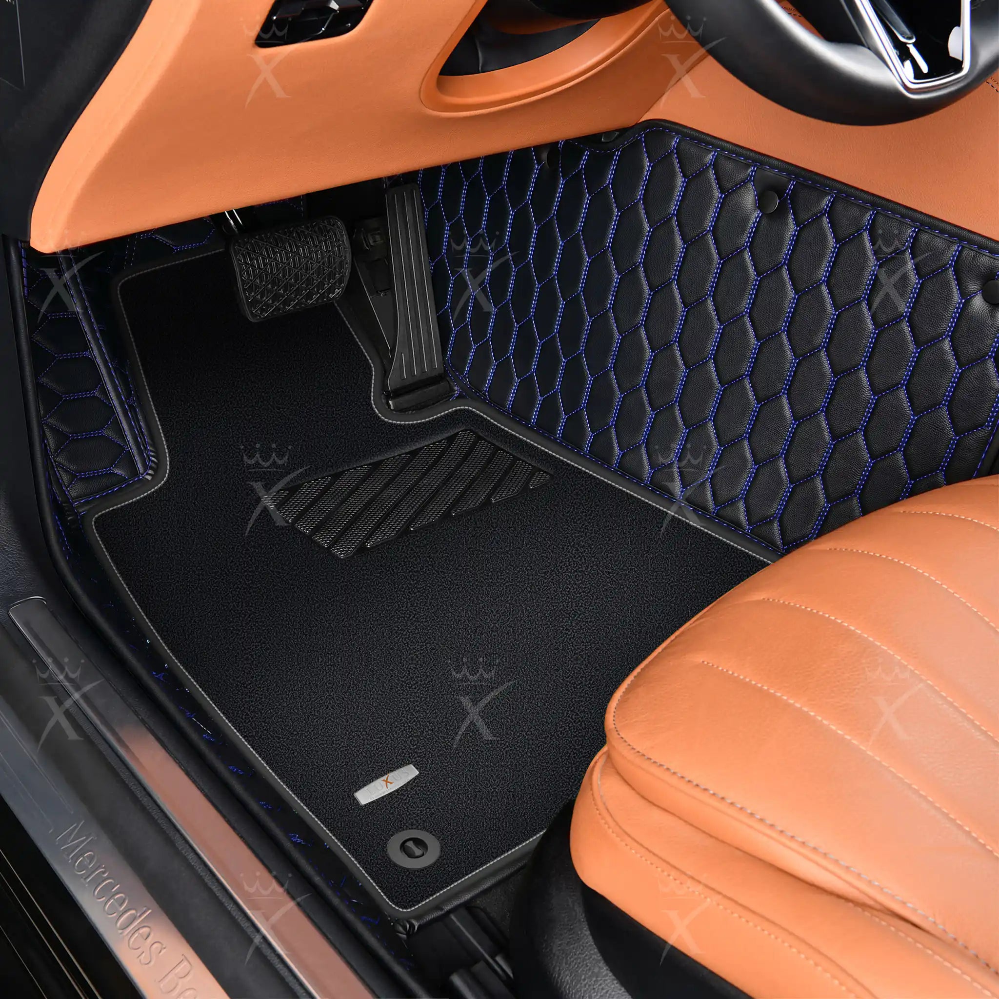 Luxus Honeycomb Double Layer Series Floor Mats | Black & Blue Stitching & Black Top Carpet