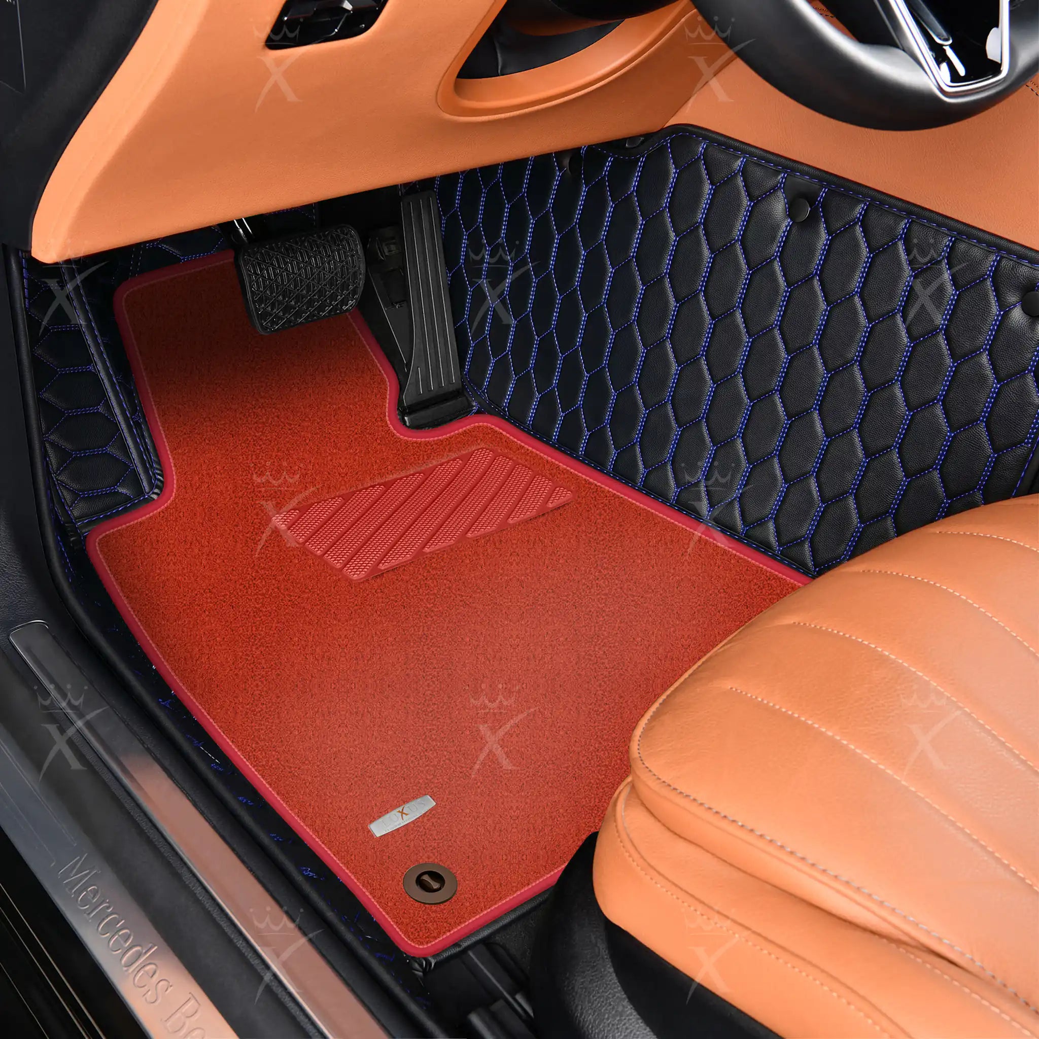 Luxus Honeycomb Double Layer Series Floor Mats | Black & Blue Stitching & Red Top Carpet