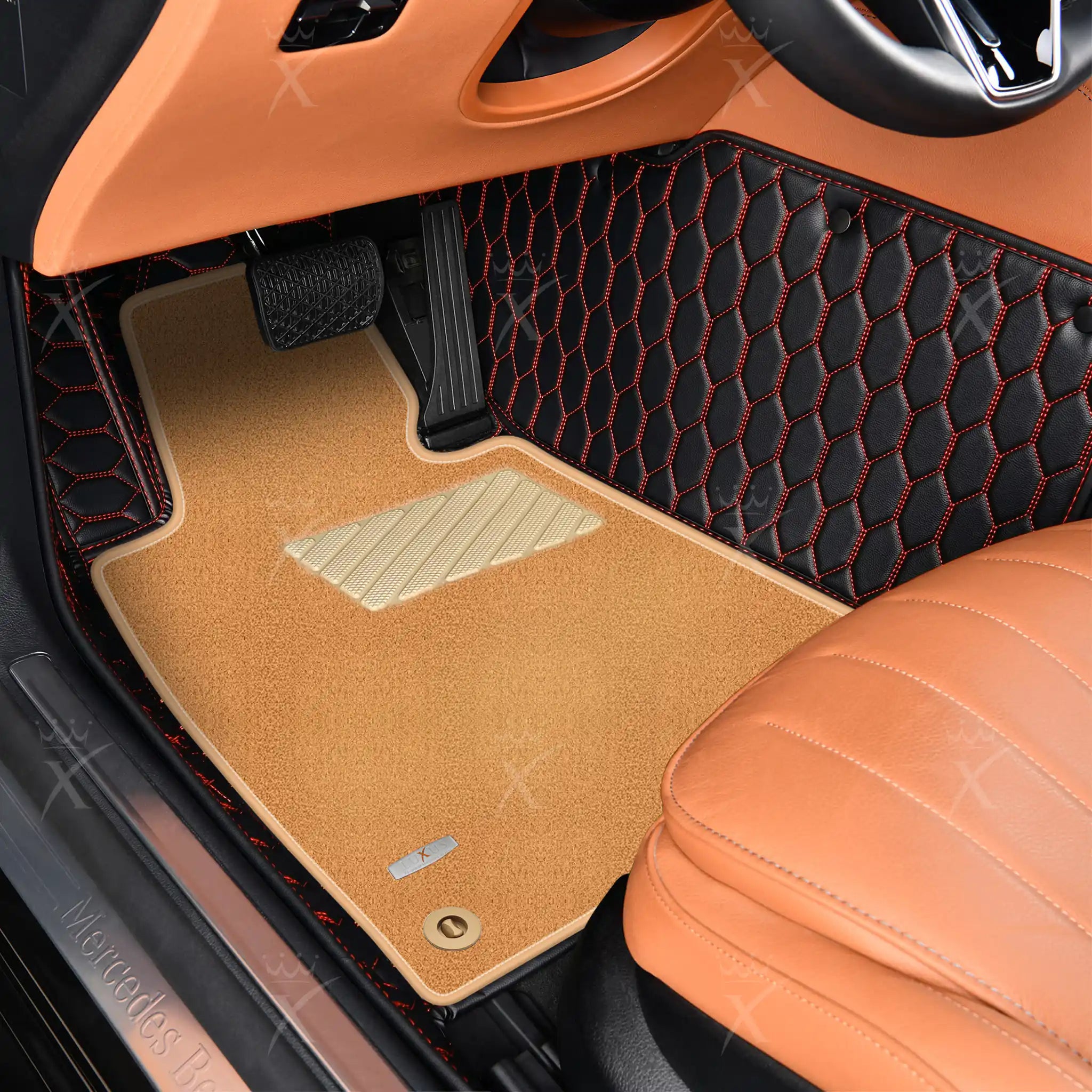 Luxus Honeycomb Double Layer Series Floor Mats | Black & Red Stitching & Beige Top Carpet