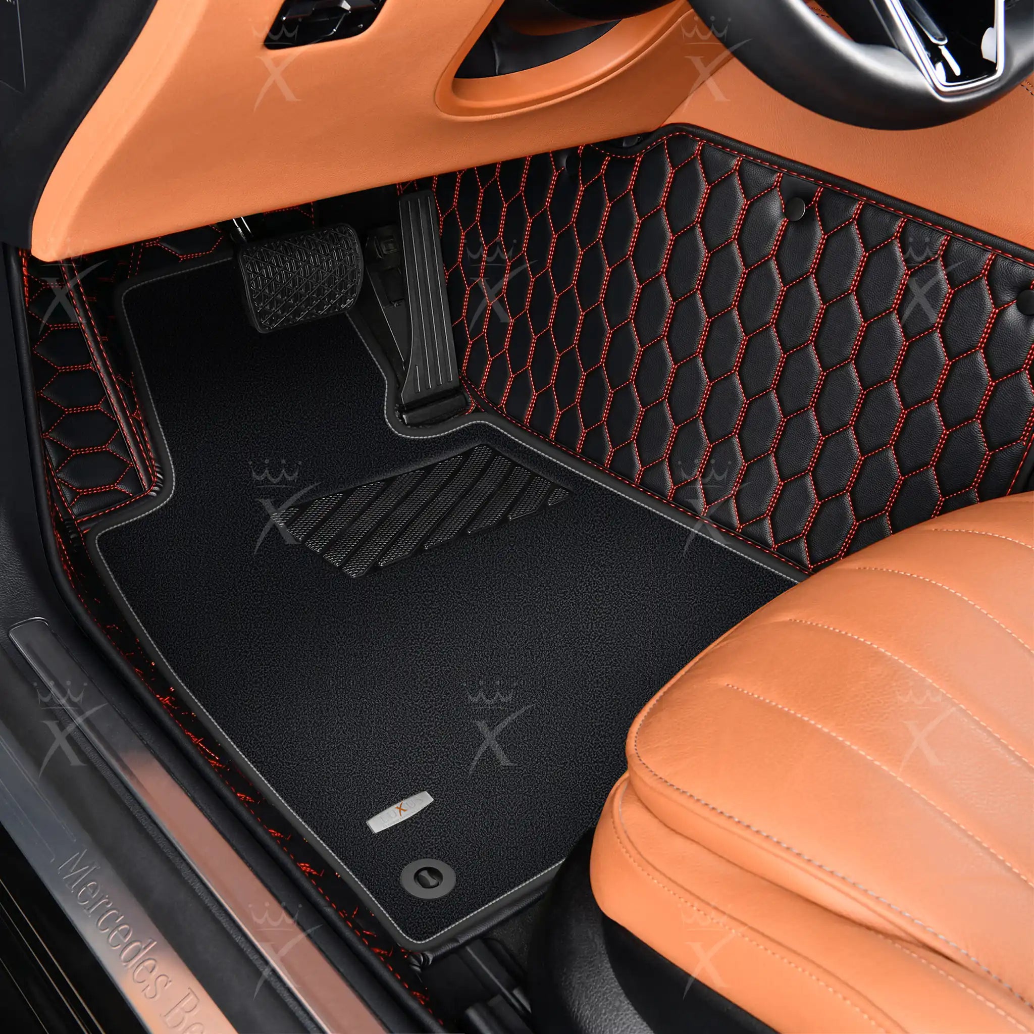 Luxus Honeycomb Double Layer Series Floor Mats | Black & Red Stitching & Black Top Carpet