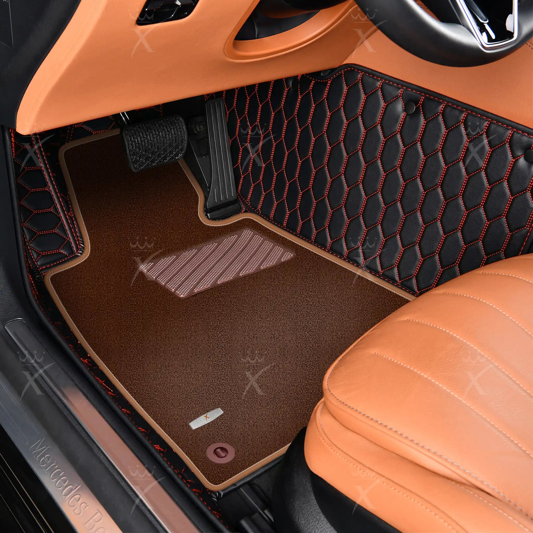 Luxus Honeycomb Double Layer Series Floor Mats | Black & Red Stitching & Brown Top Carpet