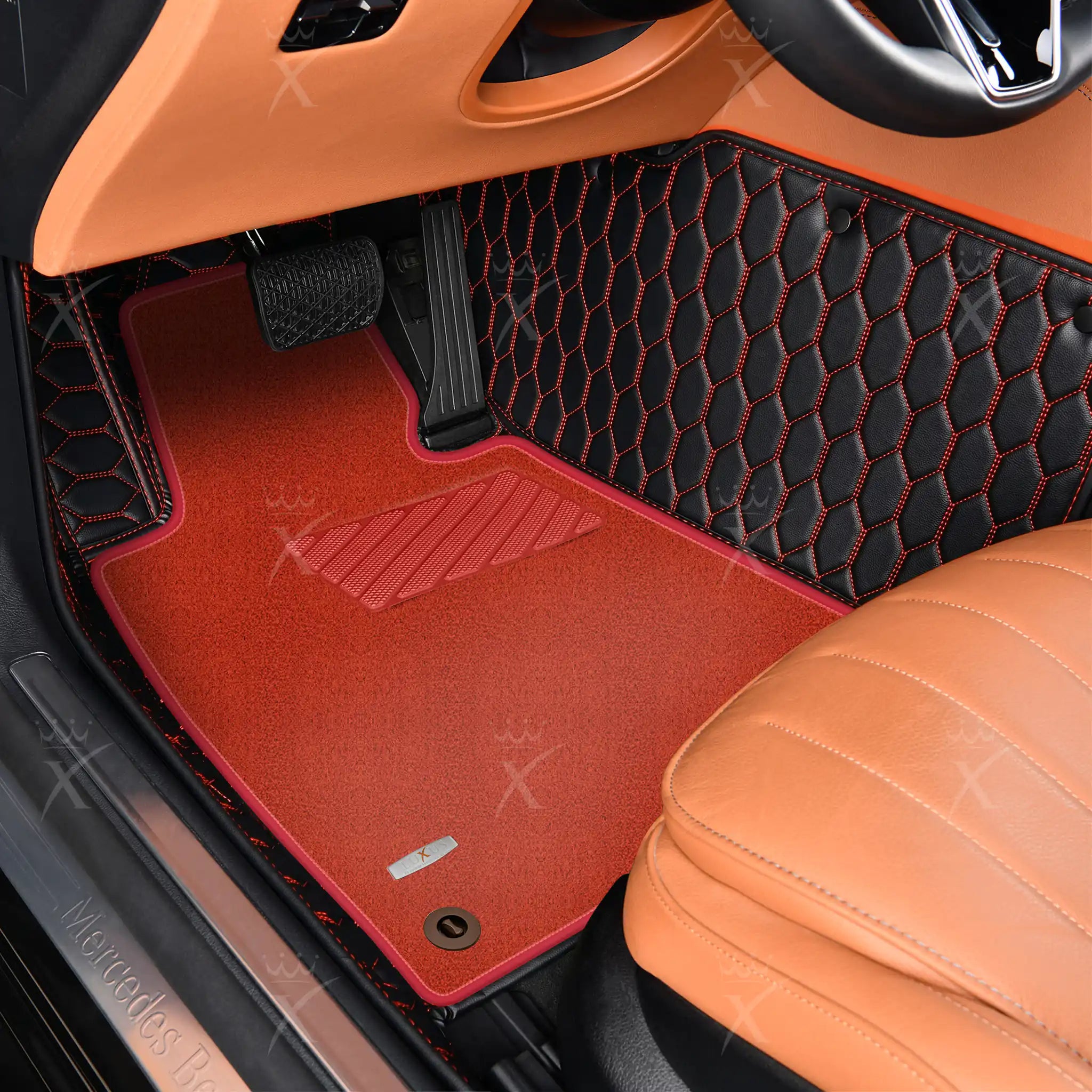 Luxus Double Layer Series Floor Mats | Black & Red Stitching Honeycomb & Red Top Carpet
