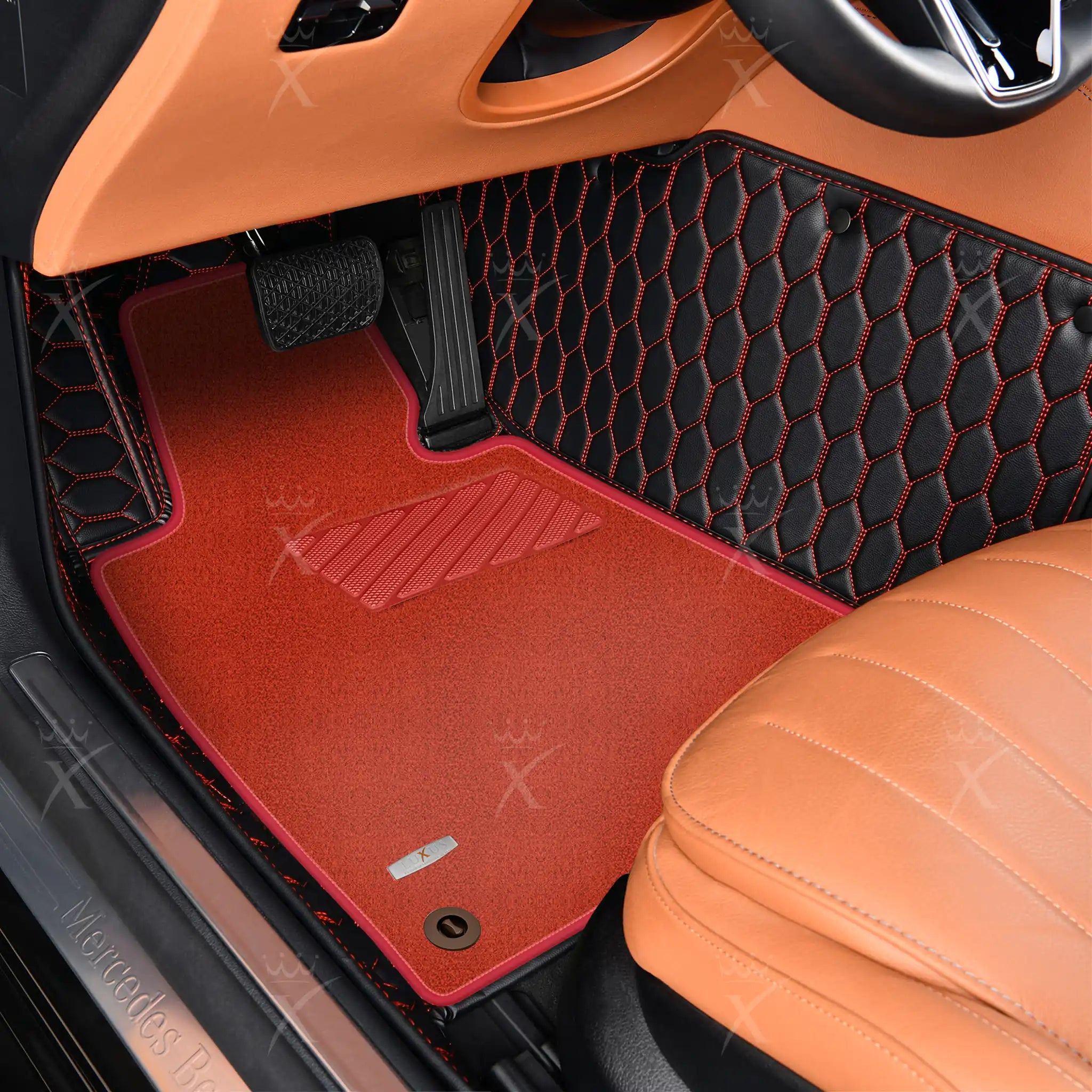 Luxus Honeycomb Double Layer Series Floor Mats | Black & Red Stitching & Red Top Carpet