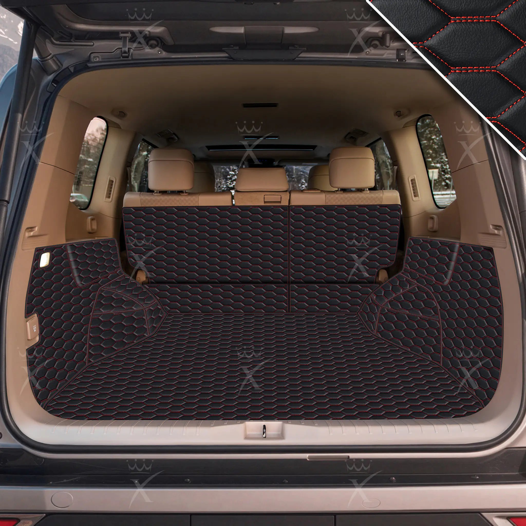 Luxus 360Fit Premium Honeycomb Custom Trunk Liner | Black & Red Stitching