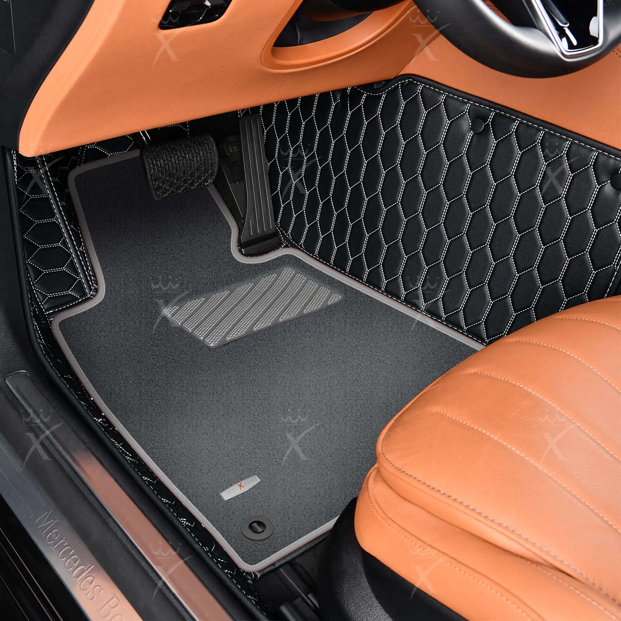 Luxus Honeycomb Double Layer Series Floor Mats | Black & White Stitching & Gray Top Carpet