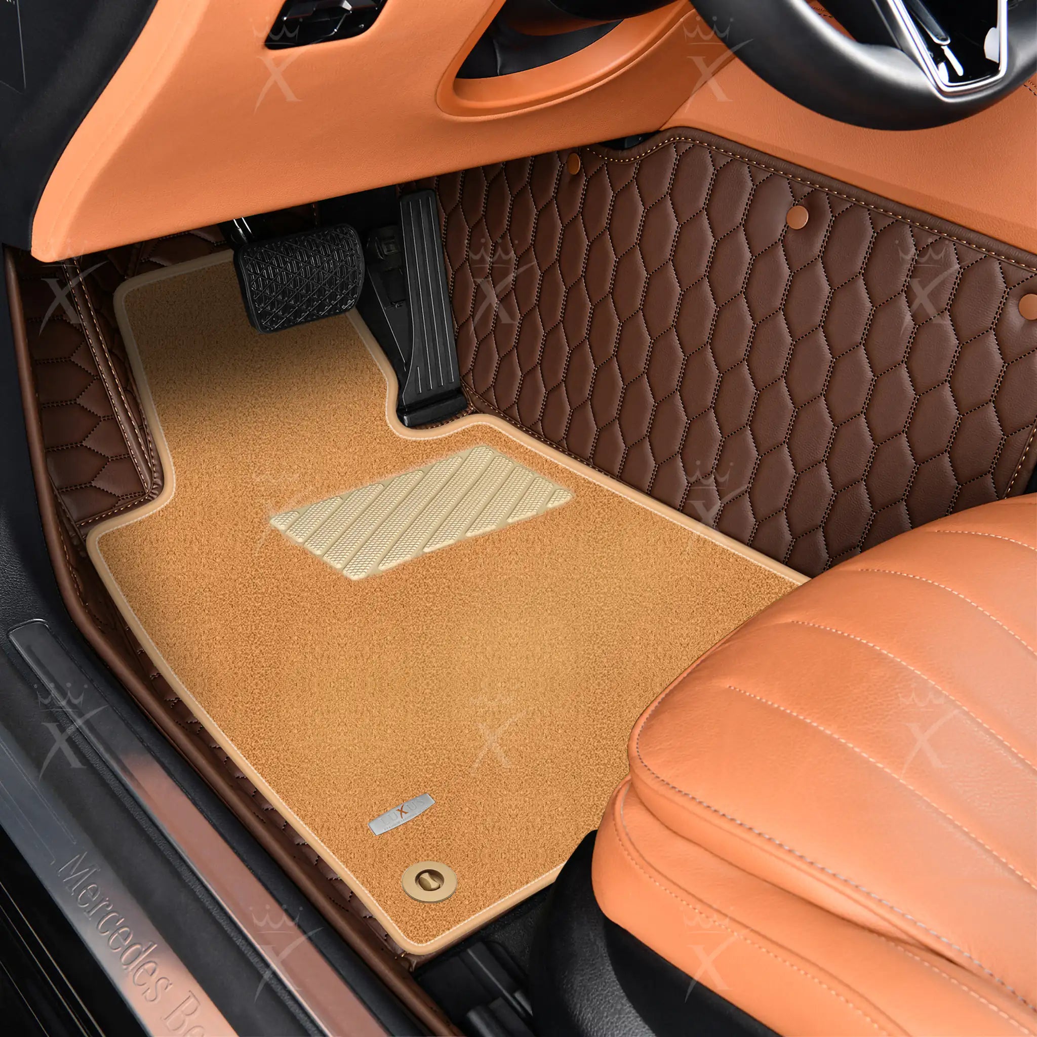 Chocolate Brown Honeycomb & Beige Carpet | Double Layer Luxury Car Mats Set