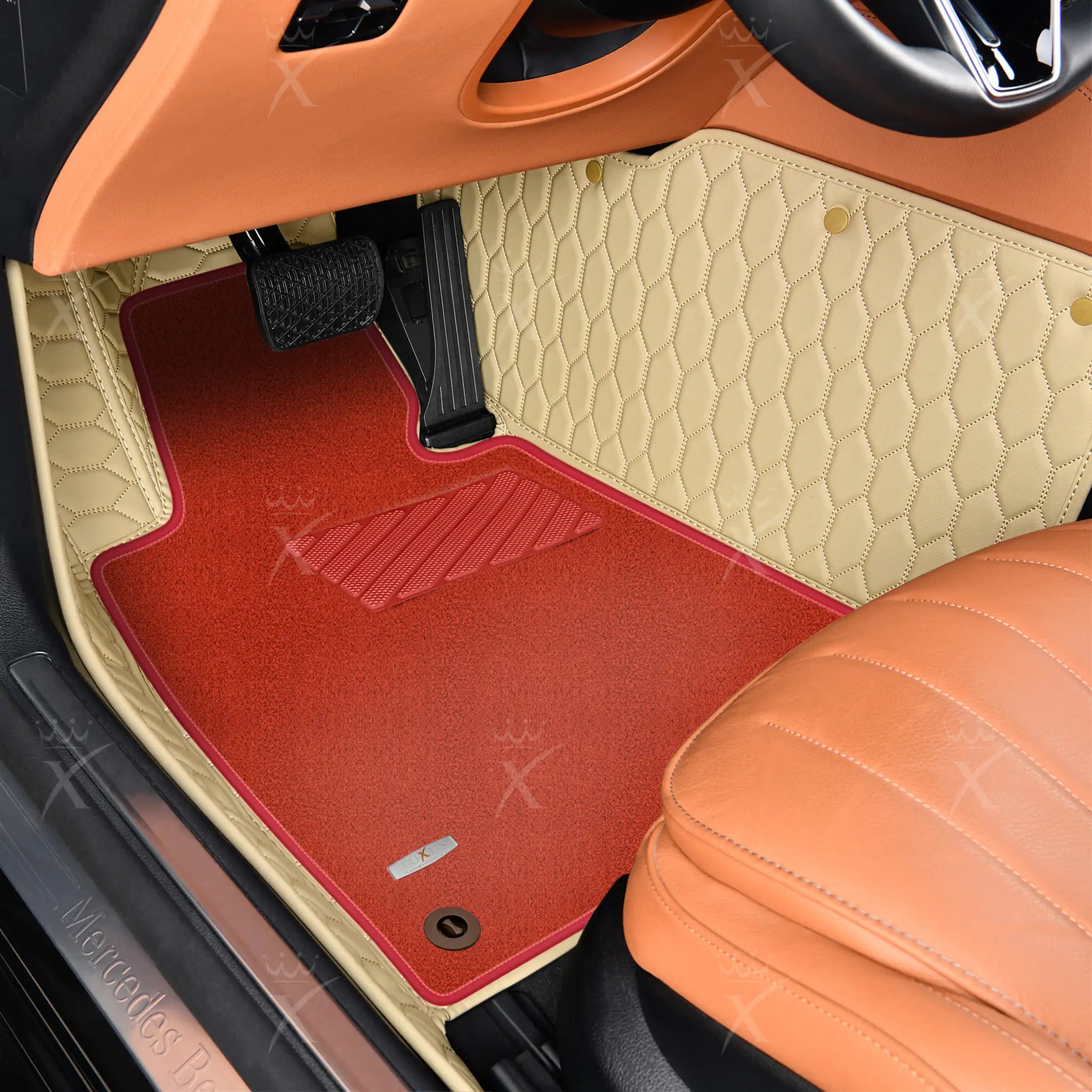 Luxus Honeycomb Double Layer Series Floor Mats | Cream Beige & Red Top Carpet