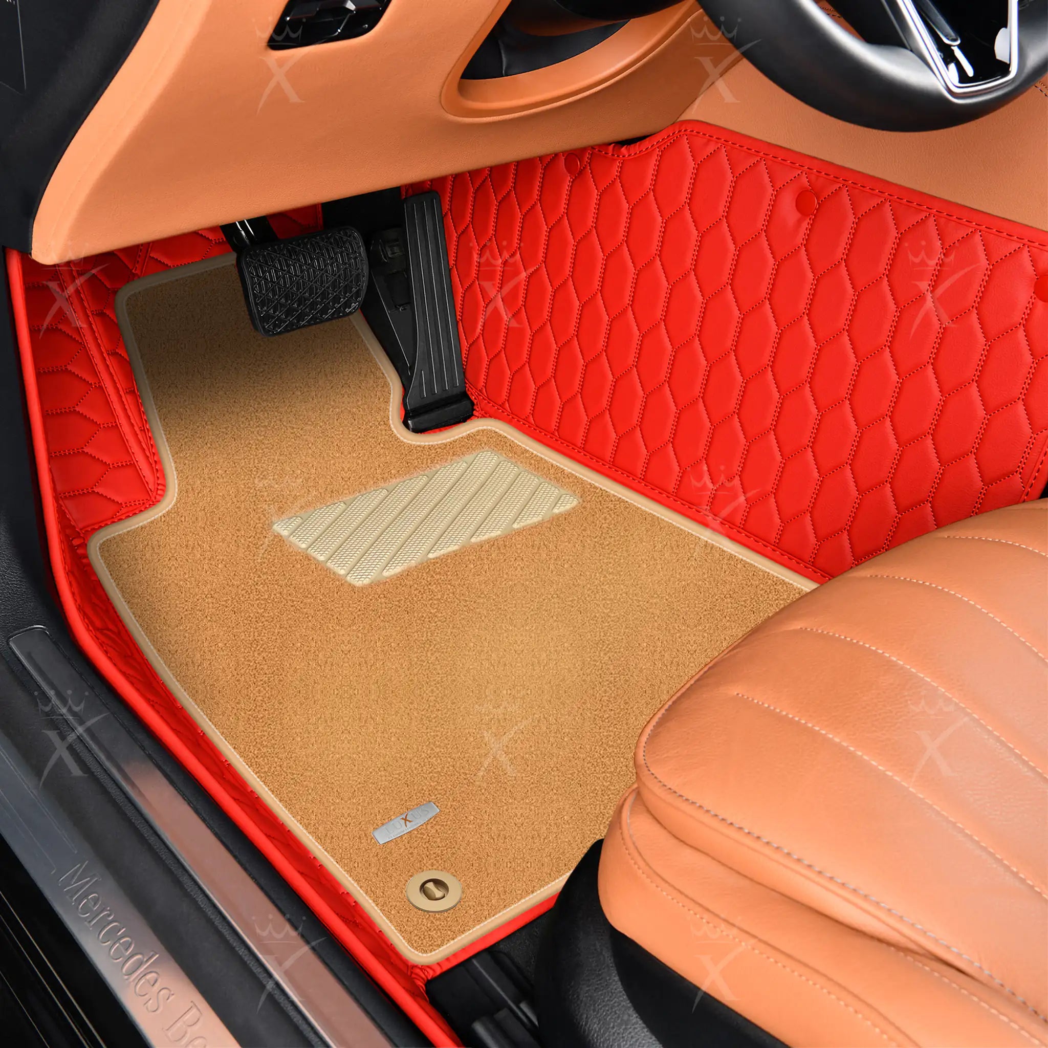 Luxus Honeycomb Double Layer Series Floor Mats | Ferrari Red & Beige Top Carpet