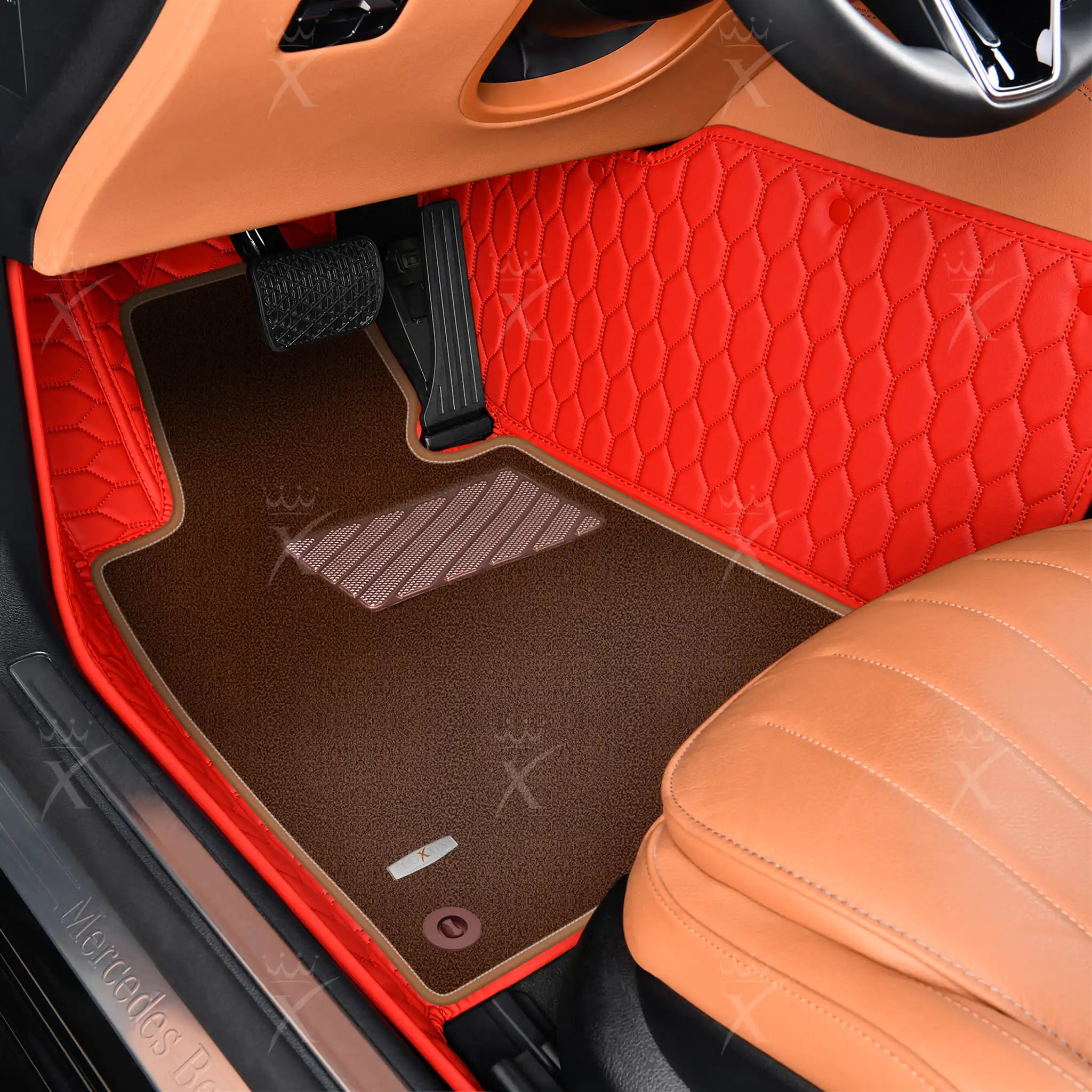 Ferrari Red Honeycomb & Brown Carpet | Double Layer Luxury Car Mats Set
